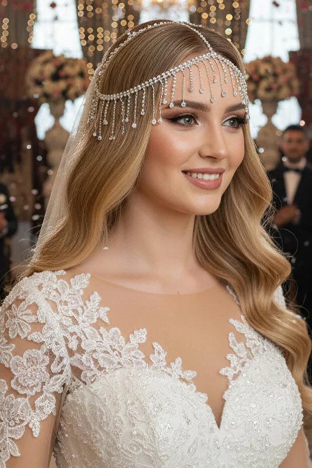 Alınlık Püsküllü Damla Detaylı Alın Saç Bandı Düğün Nişan Özel Gün Baştacı