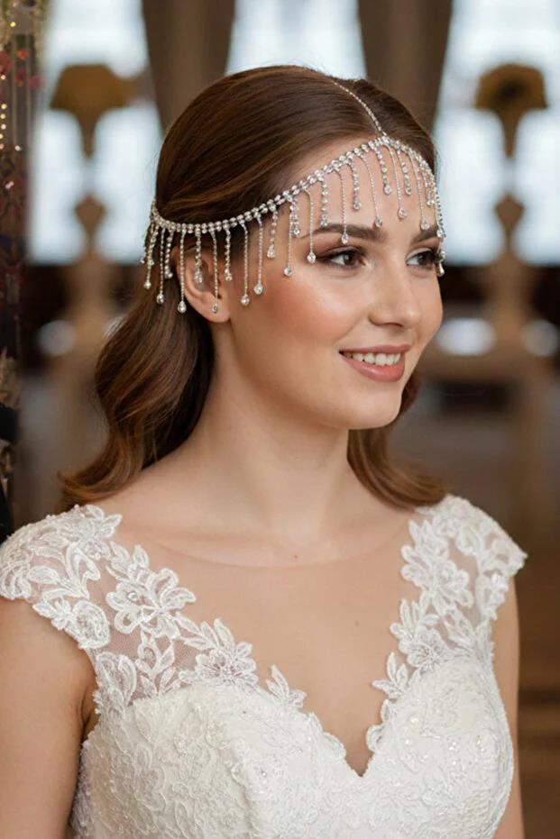 Alınlık Püsküllü Damla Detaylı Alın Saç Bandı Düğün Nişan Özel Gün Baştacı