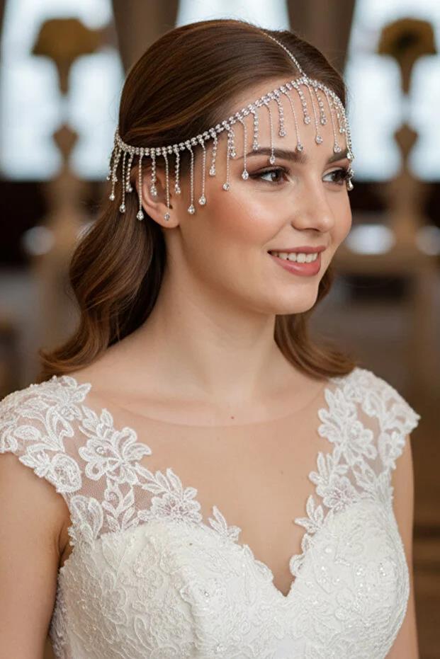 Alınlık Püsküllü Damla Detaylı Alın Saç Bandı Düğün Nişan Özel Gün Baştacı