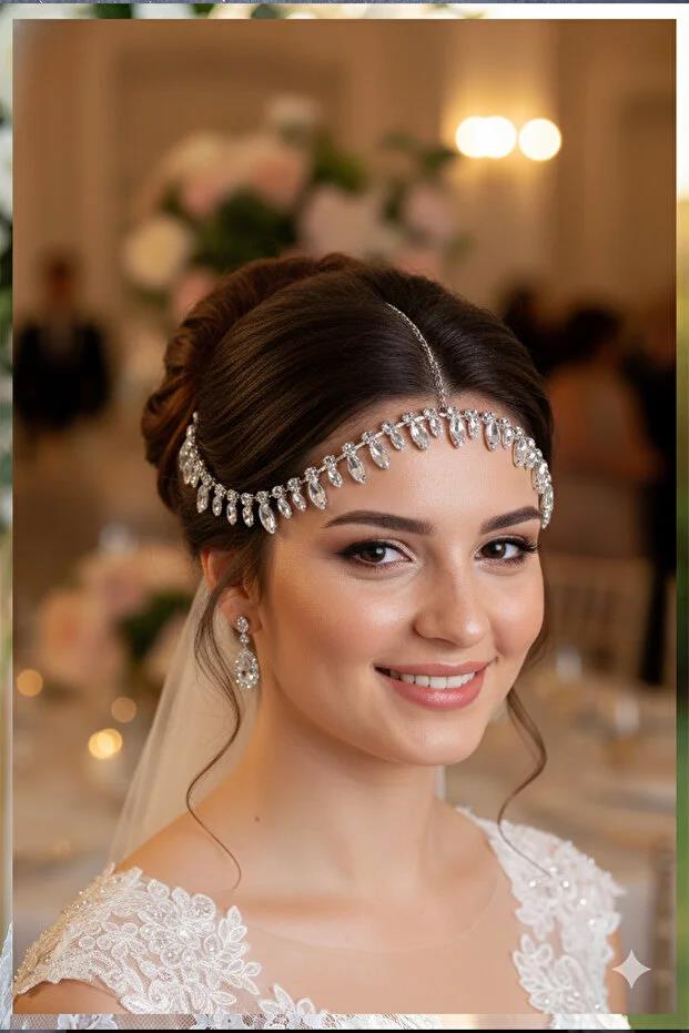 Alınlık Taşlı Zincir Gelin Baştacı Saç Bandı Özel Gün Aksesuarı