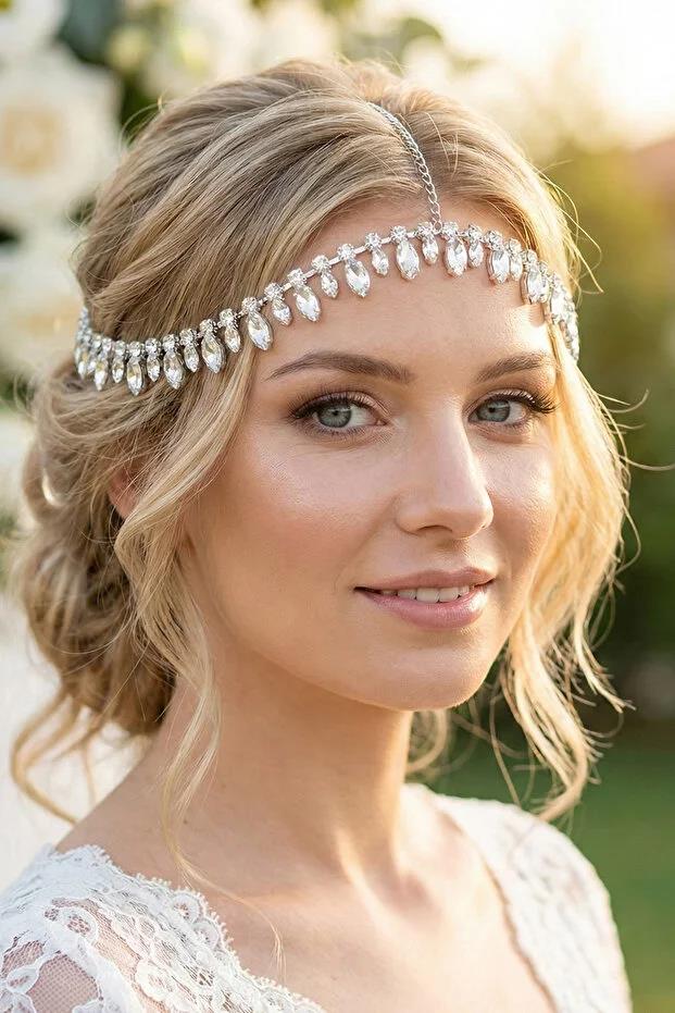 Alınlık Taşlı Zincir Gelin Baştacı Saç Bandı Özel Gün Aksesuarı