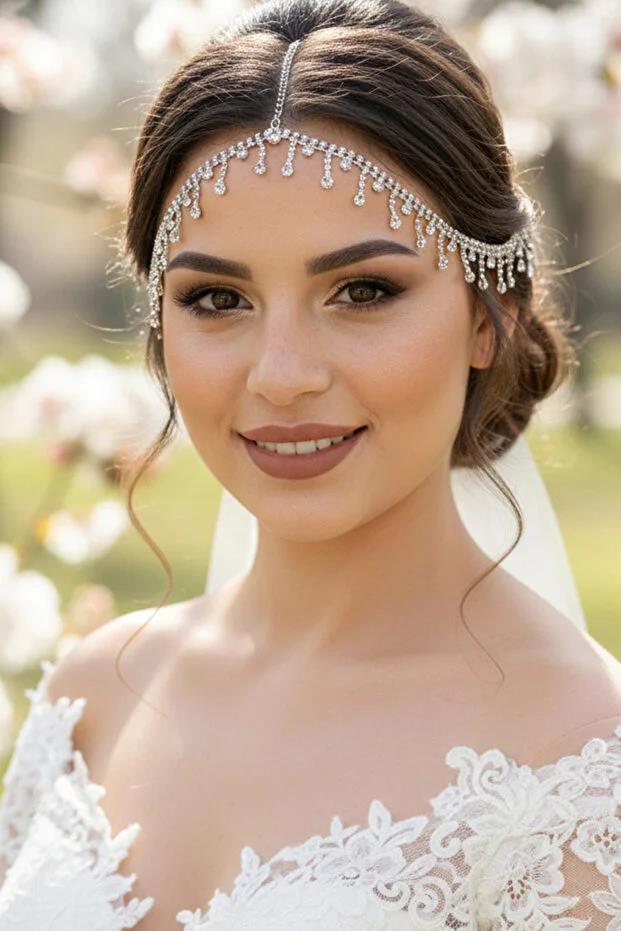 Alınlık Tek Sıra Kristal Taşlı Zincir Saç Aksesuarı Gelin Abiye Baştacı