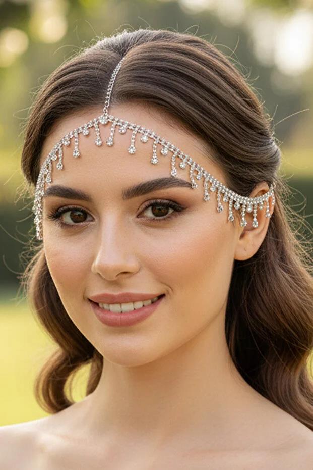 Alınlık Tek Sıra Kristal Taşlı Zincir Saç Aksesuarı Gelin Abiye Baştacı
