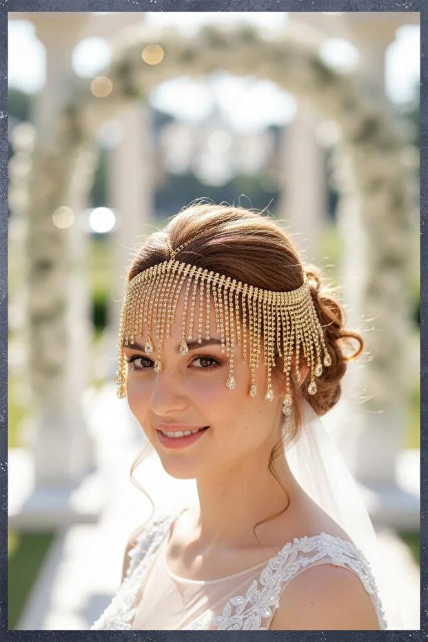 Alınlık Zarif Gold Rengi Zarif Püsküllü Kristal Taşlı Zincir Gelin Taç Nişan Baştacı