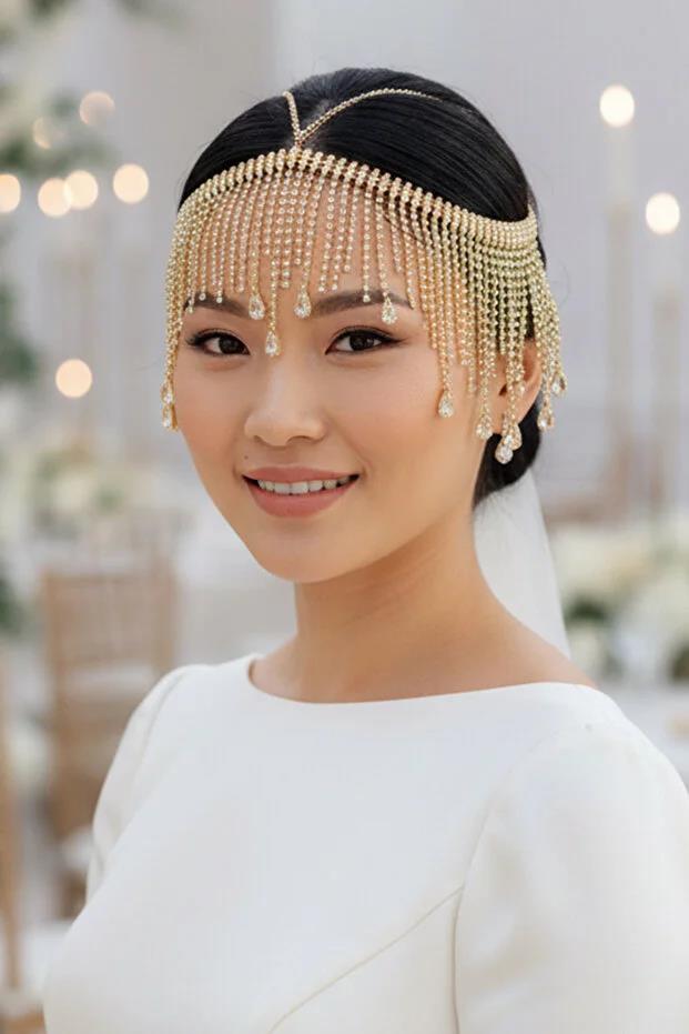 Alınlık Zarif Gold Rengi Zarif Püsküllü Kristal Taşlı Zincir Gelin Taç Nişan Baştacı