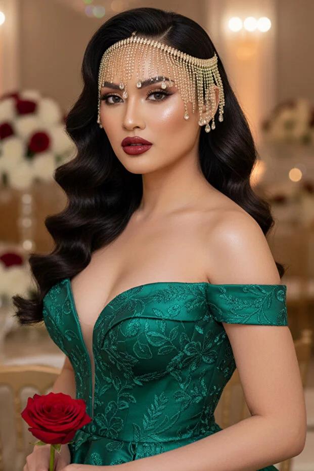 Alınlık Zarif Gold Rengi Zarif Püsküllü Kristal Taşlı Zincir Gelin Taç Nişan Baştacı