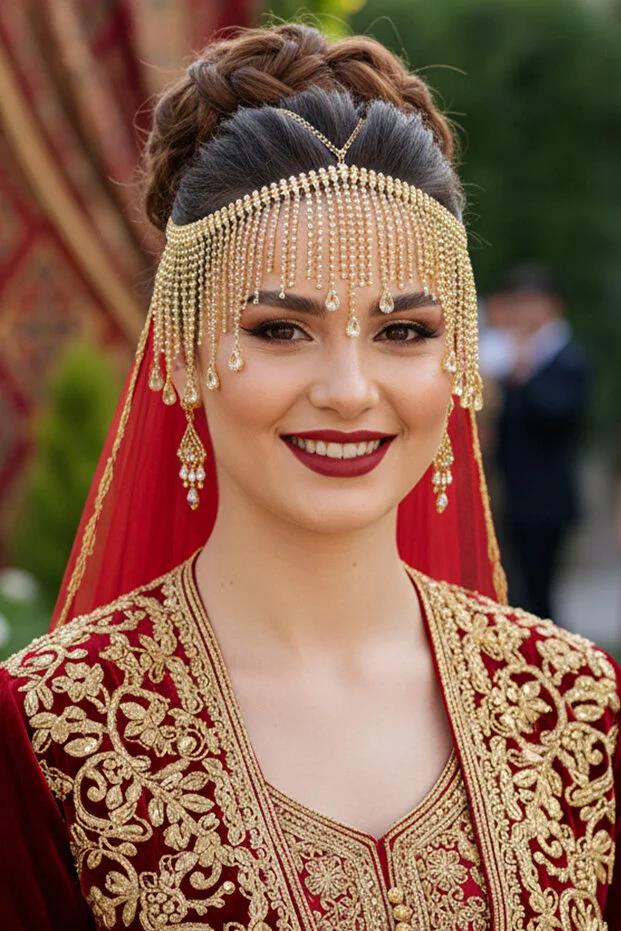 Alınlık Zarif Gold Rengi Zarif Püsküllü Kristal Taşlı Zincir Gelin Taç Nişan Baştacı