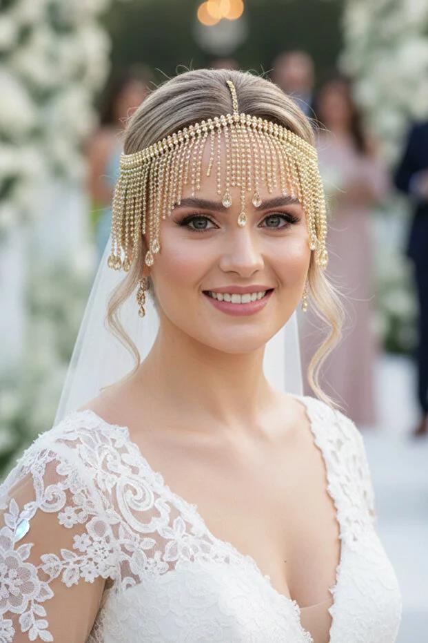 Alınlık Zarif Gold Rengi Zarif Püsküllü Kristal Taşlı Zincir Gelin Taç Nişan Baştacı