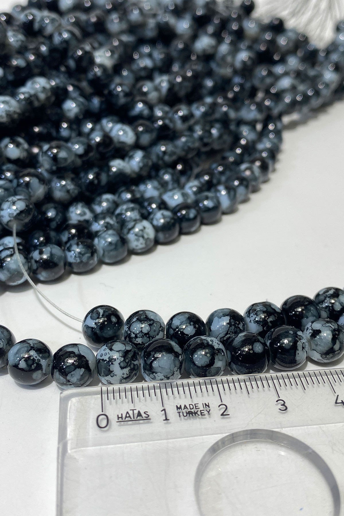 Antrasit Gri Desenli Dizi Cam Boncuk 8 mm