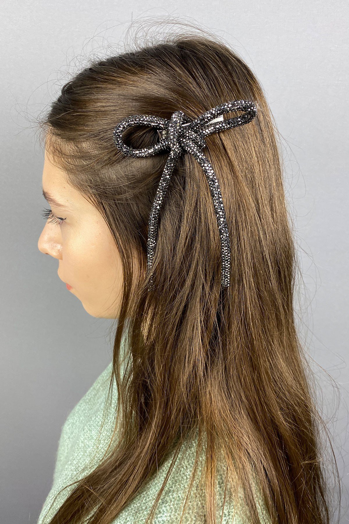 Antrasit Gri Full Taşlı Tasarım Fiyonk Saç Tokası