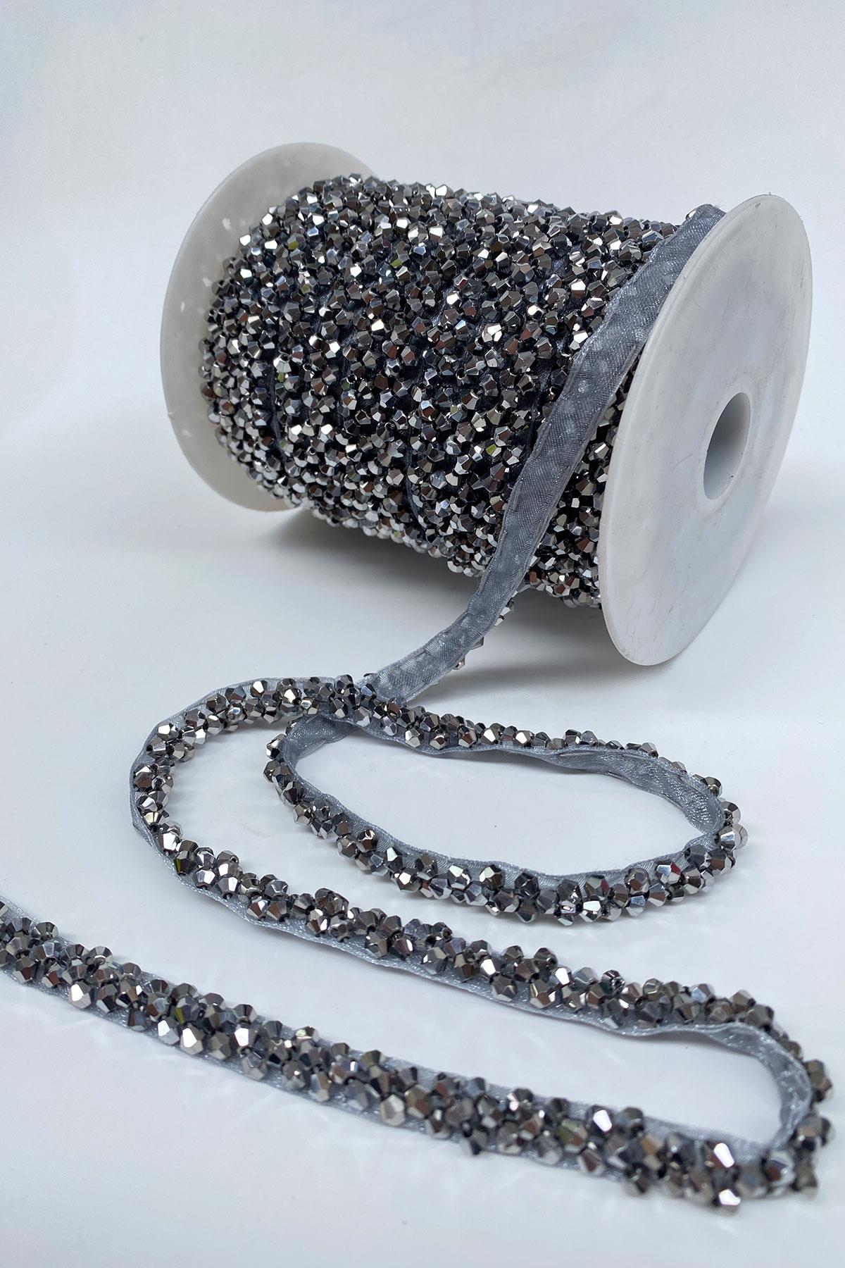 Antrasit Gri Kristal Boncuk İşlemeli Şerit