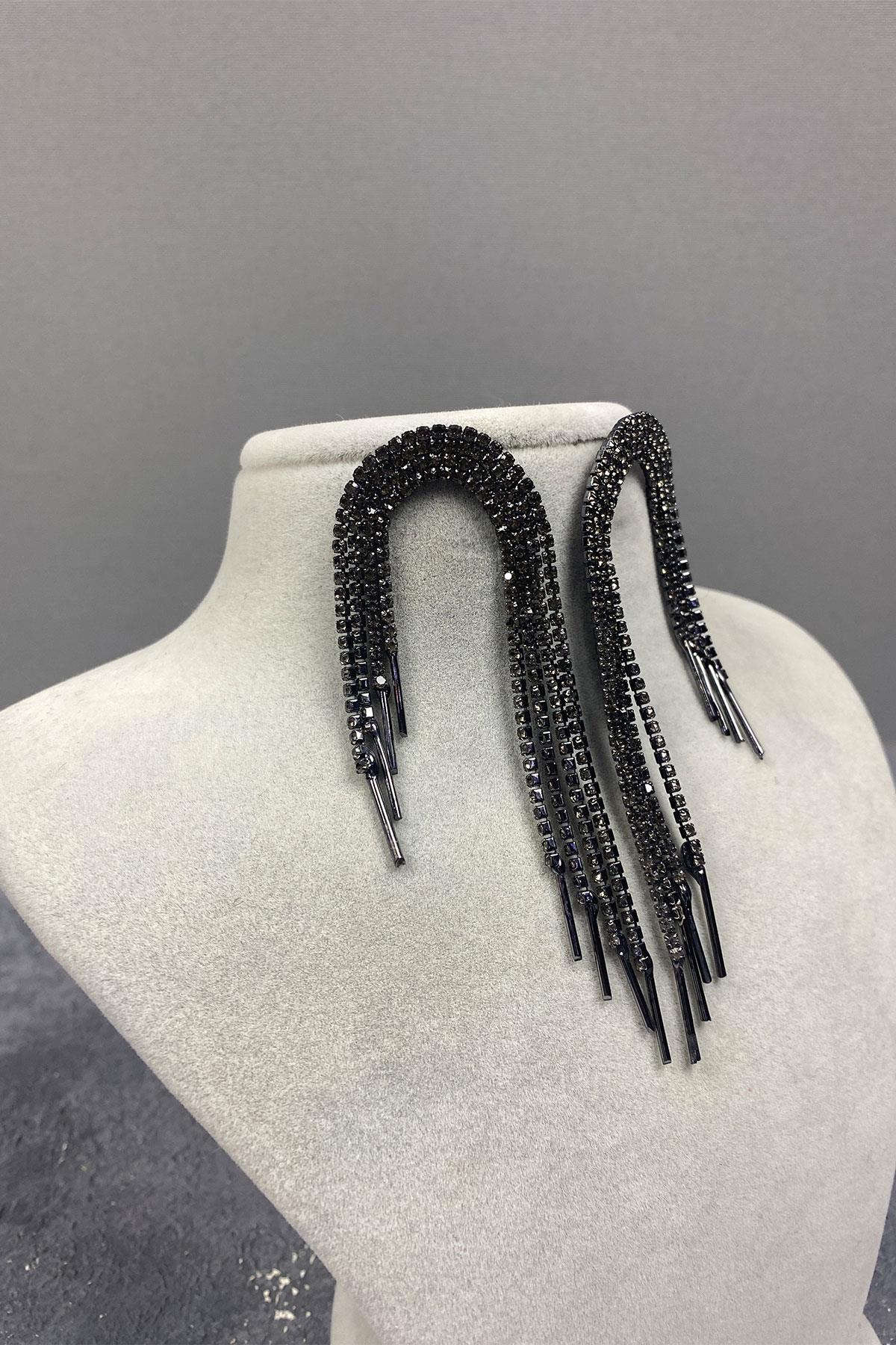 Antrasit Gri Sallantılı Abiye Taşlı Küpe