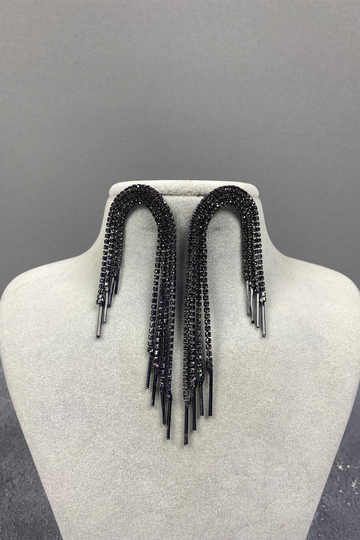 Antrasit Gri Sallantılı Abiye Taşlı Küpe