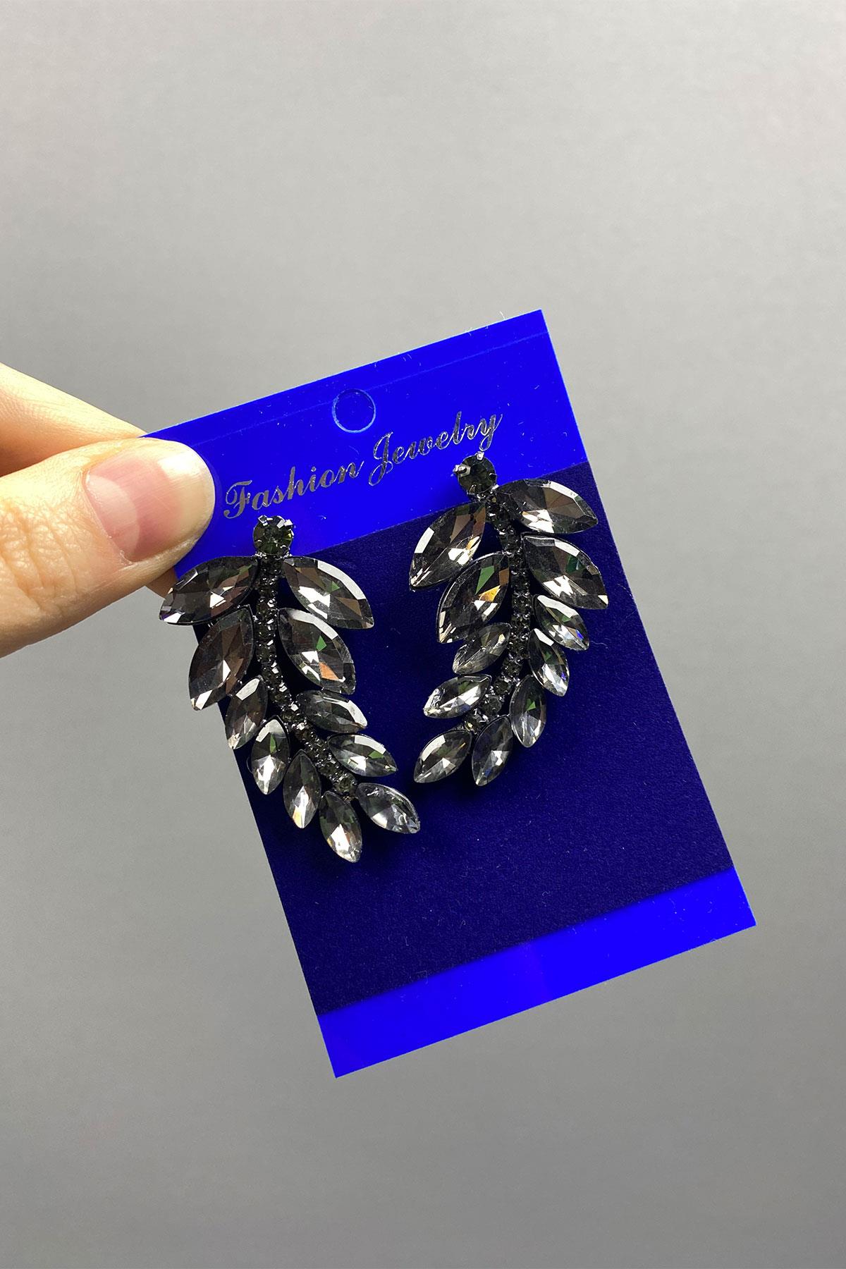 Antrasit Gri Yaprak Desen Ela Abiye Taşlı Gelin Küpesi