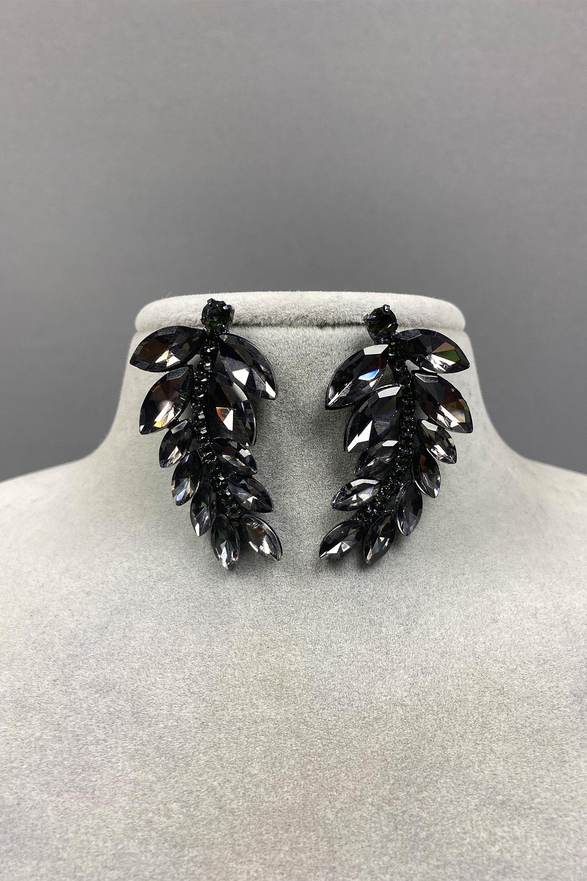 Antrasit Gri Yaprak Desen Ela Abiye Taşlı Gelin Küpesi