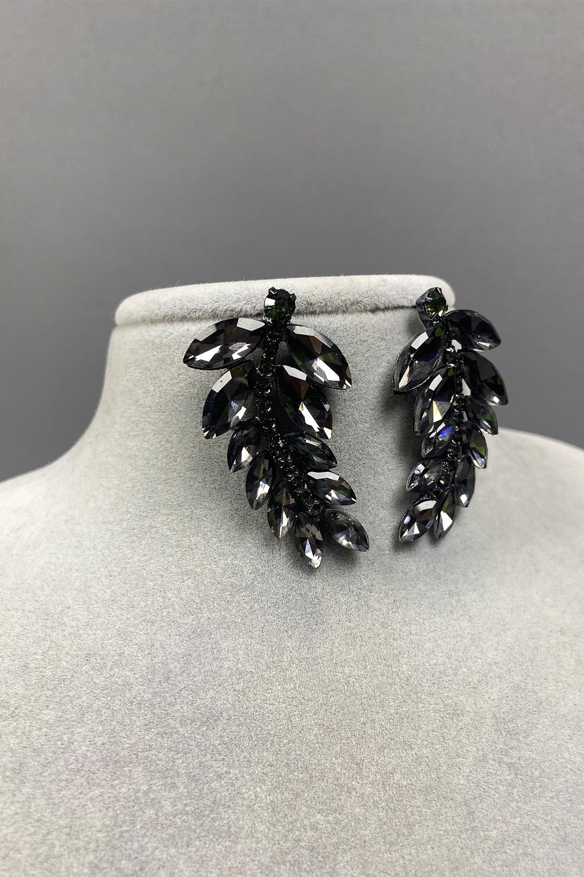 Antrasit Gri Yaprak Desen Ela Abiye Taşlı Gelin Küpesi