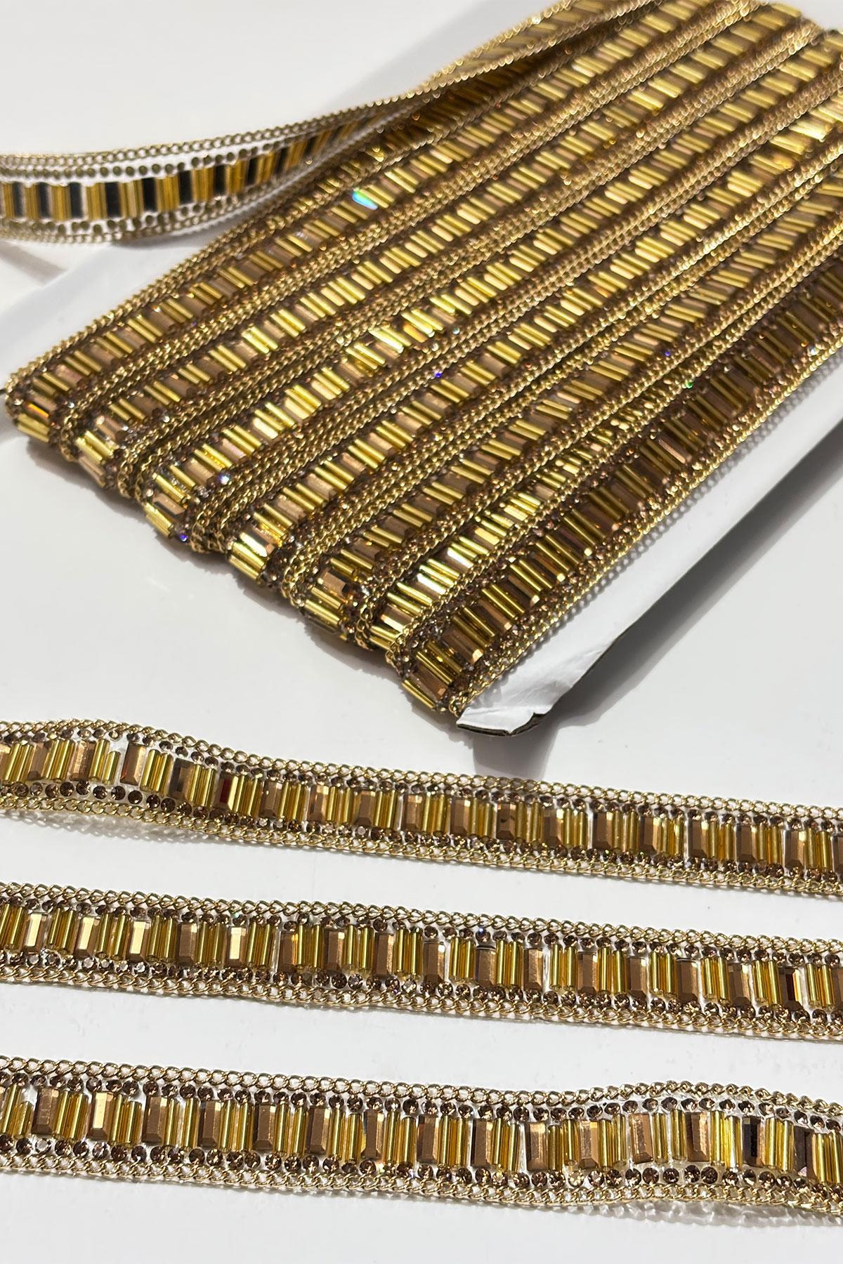 Bal Rengi Boru Boncuklu Ütüyle Yapışan Şerit Taş