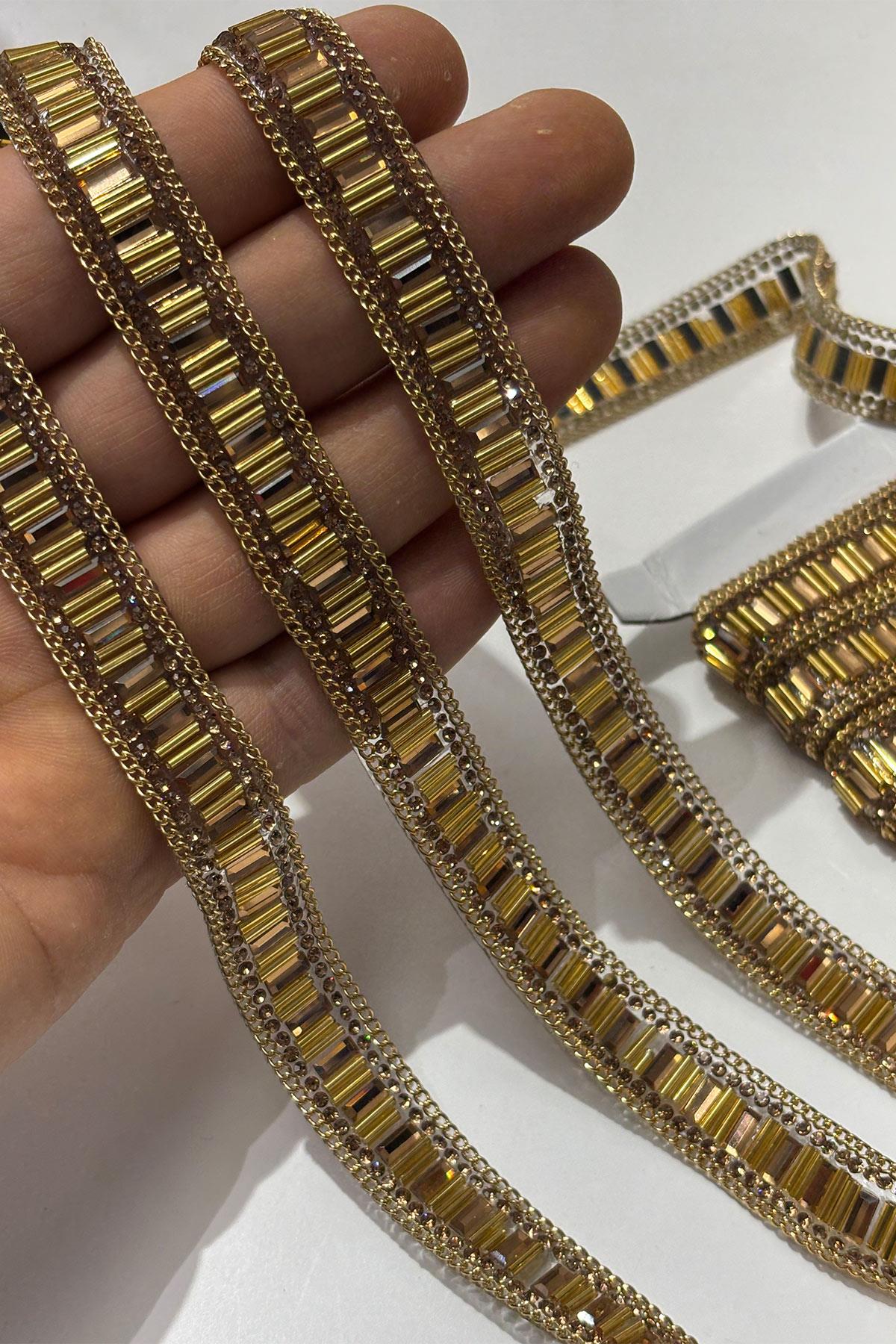 Bal Rengi Boru Boncuklu Ütüyle Yapışan Şerit Taş