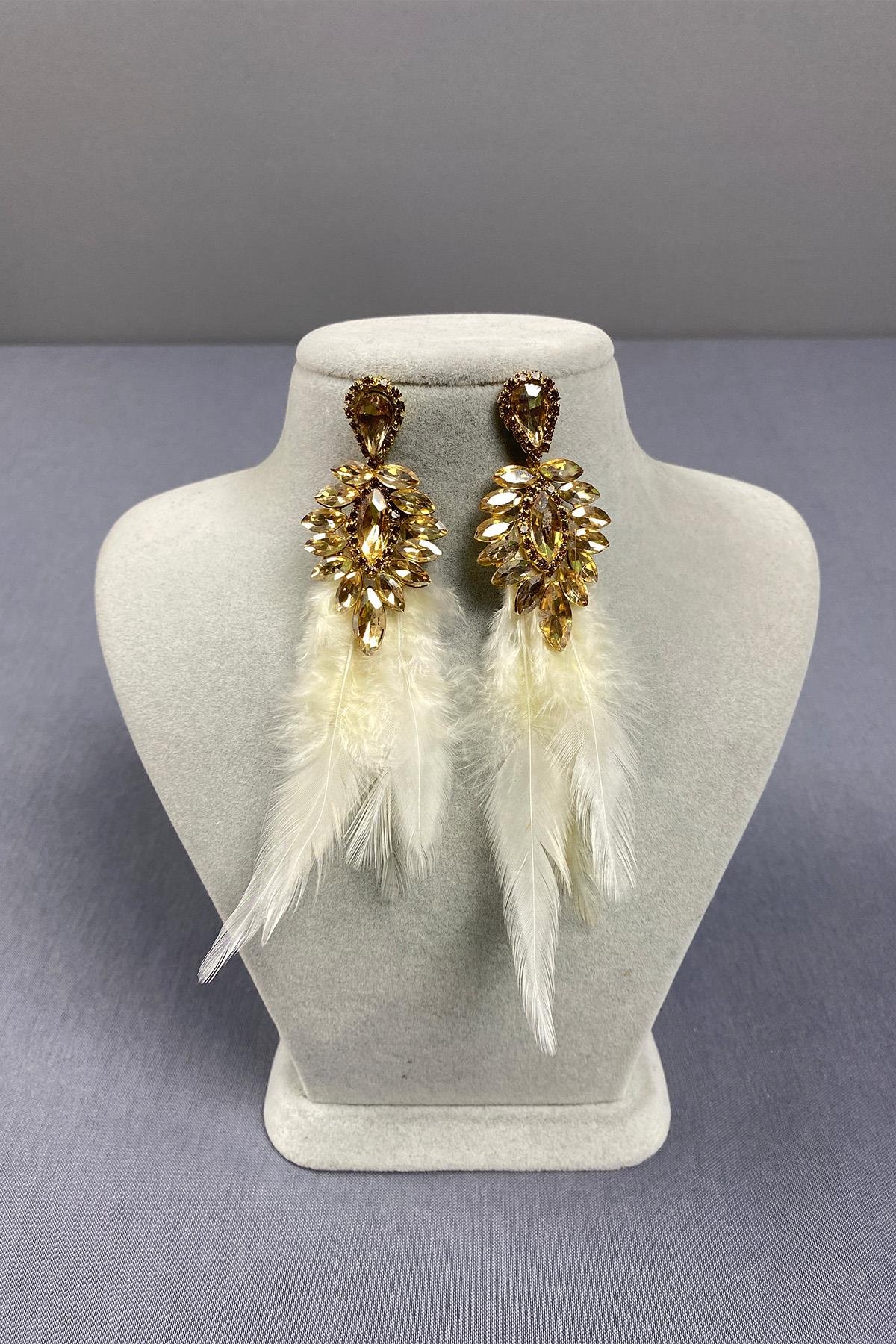 Bal Rengi En Şık Tüylü Özel Davet Balo Düğün Abiye Küpe