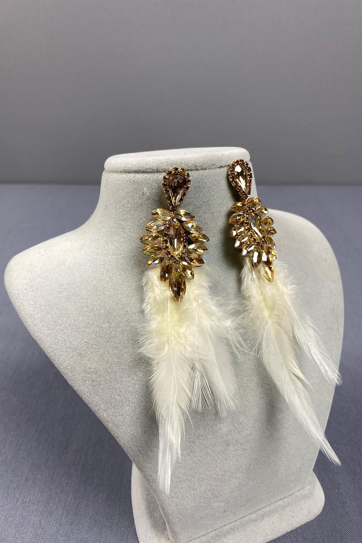 Bal Rengi En Şık Tüylü Özel Davet Balo Düğün Abiye Küpe