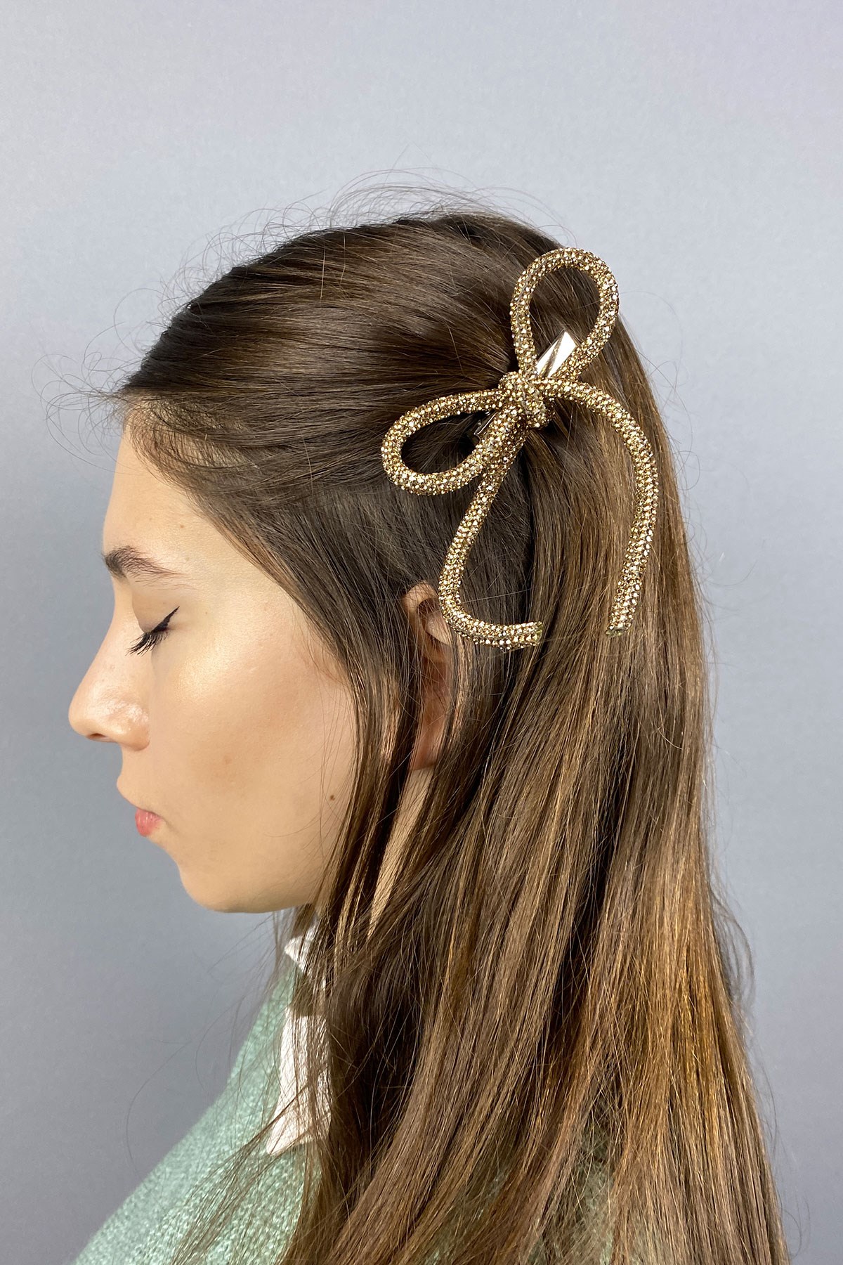 Bal Rengi Full Taşlı Tasarım Fiyonk Saç Tokası