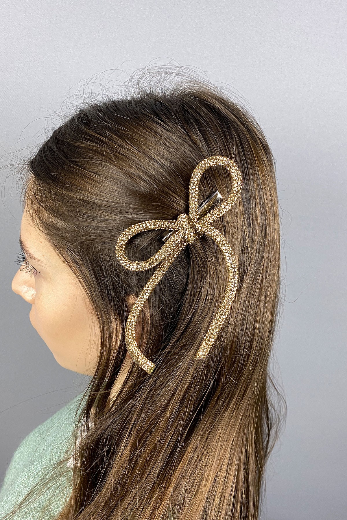 Bal Rengi Full Taşlı Tasarım Fiyonk Saç Tokası