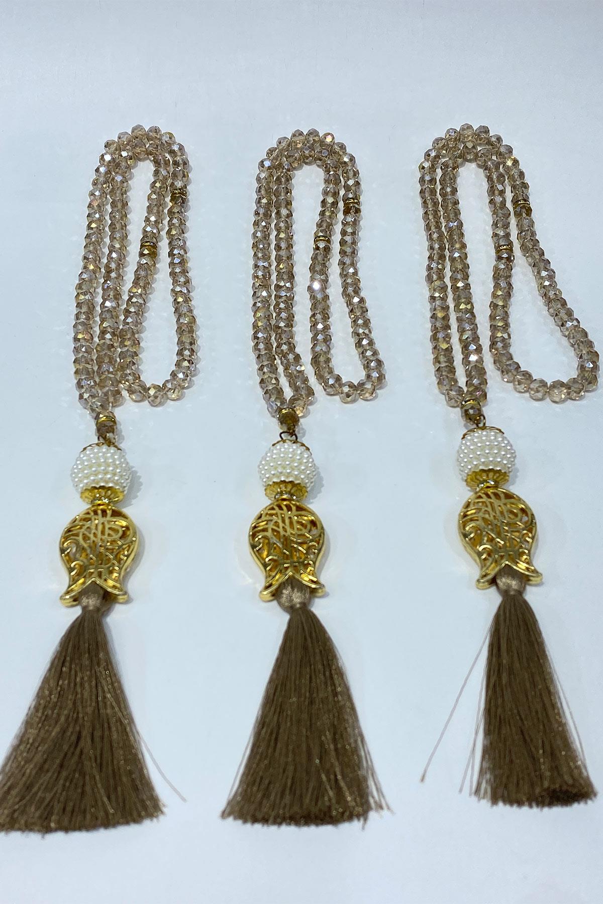 Bal Rengi Hediyelik Laleli Püsküllü Kristal Boncuklu 99 Lu Namaz Tesbihi ( Mevlüt-sünnet-hac-umre)