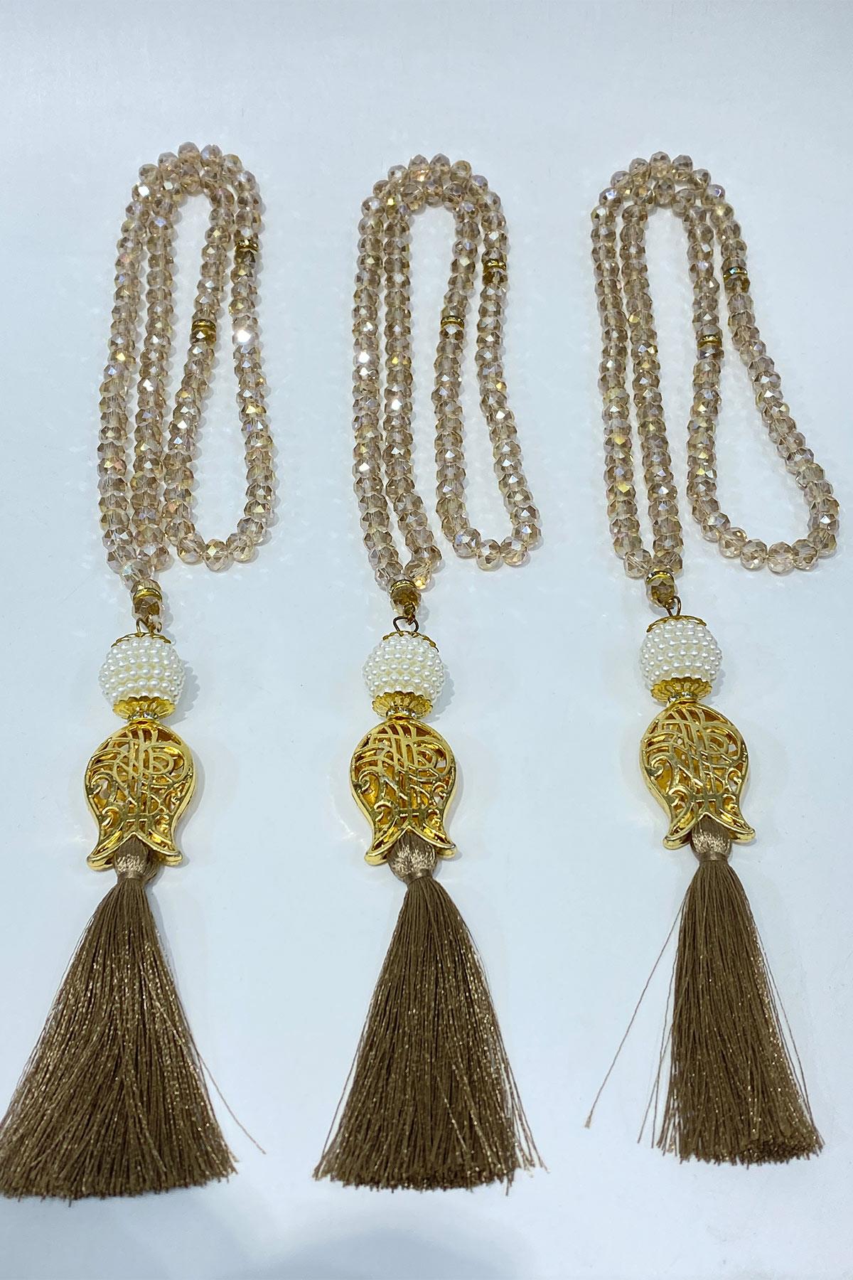 Bal Rengi Hediyelik Laleli Püsküllü Kristal Boncuklu 99 Lu Namaz Tesbihi ( Mevlüt-sünnet-hac-umre)