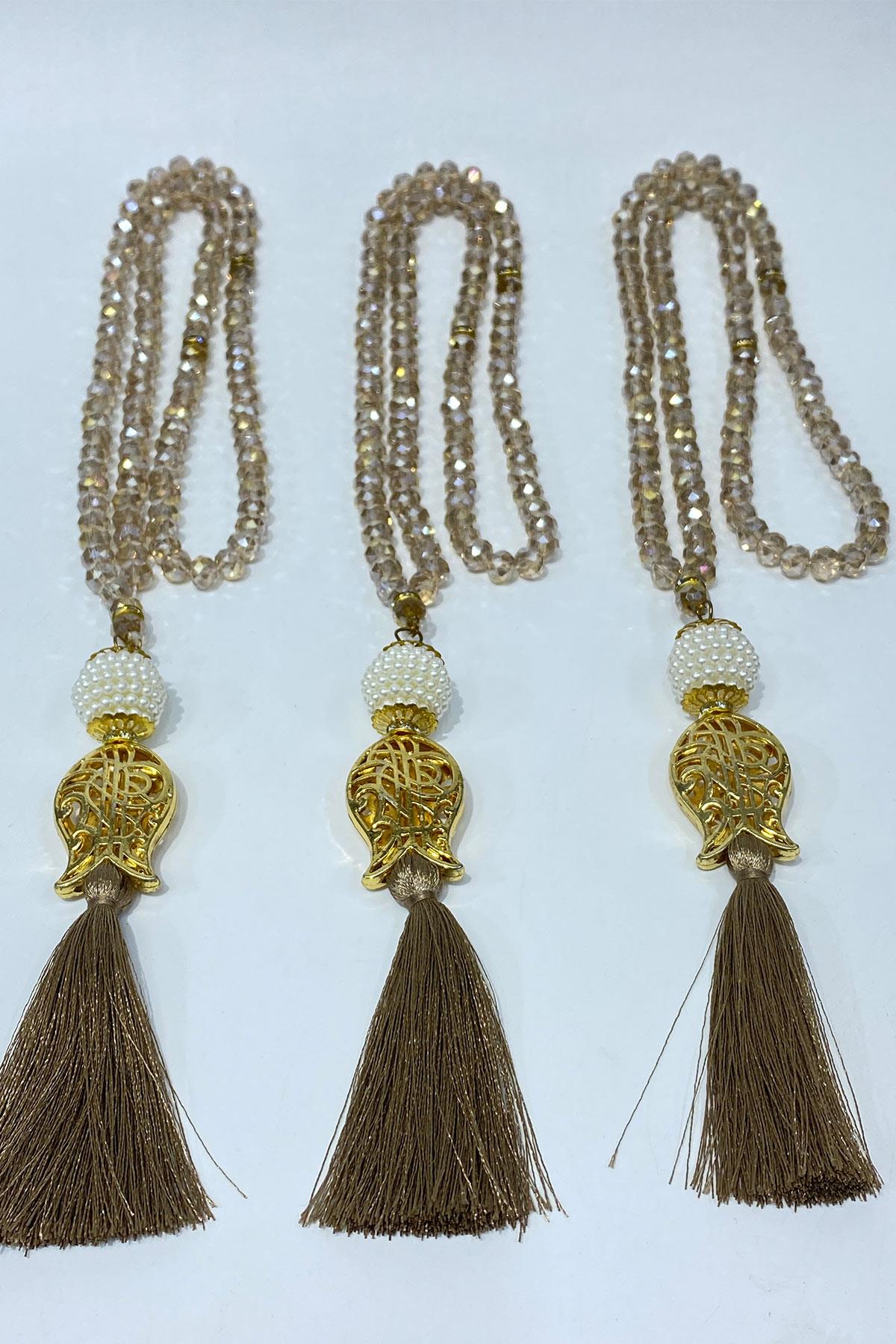 Bal Rengi Hediyelik Laleli Püsküllü Kristal Boncuklu 99 Lu Namaz Tesbihi ( Mevlüt-sünnet-hac-umre)