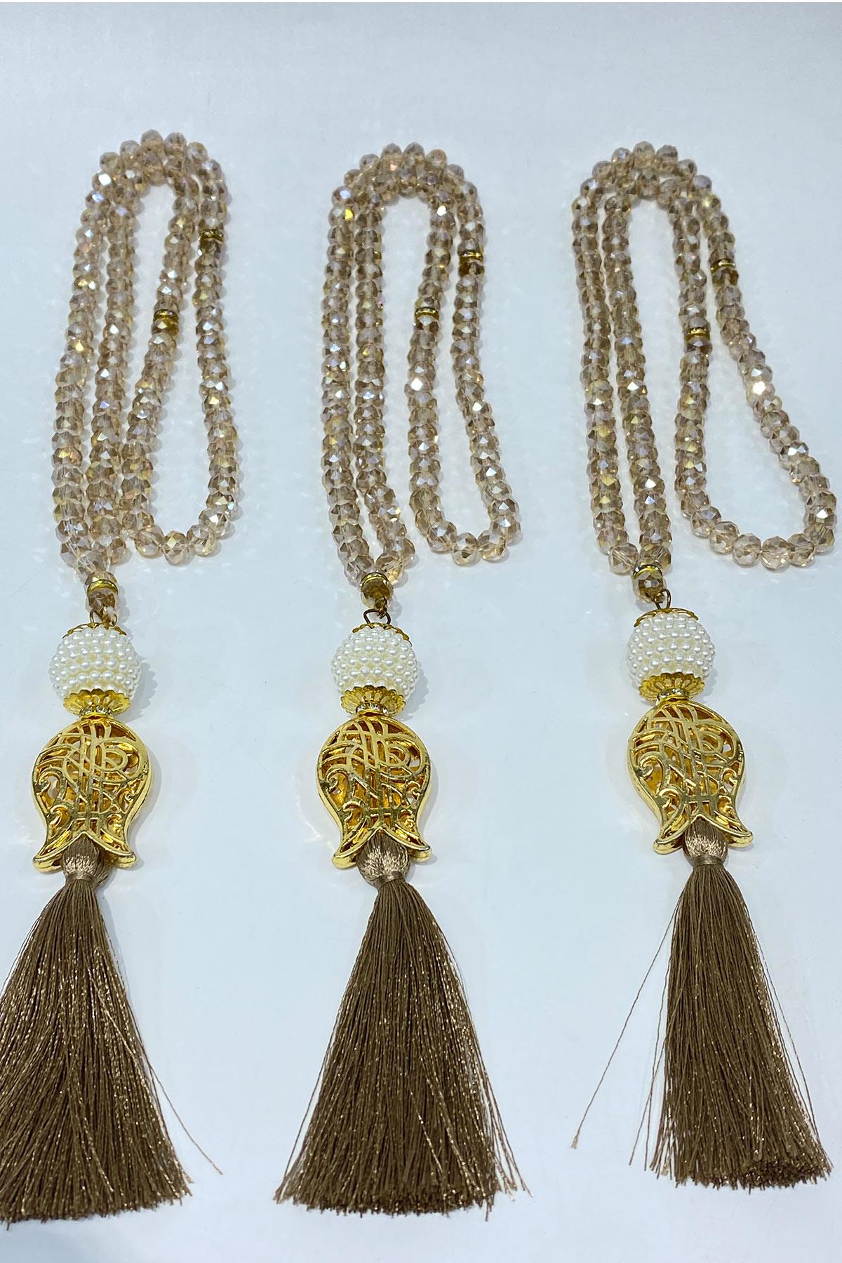 Bal Rengi Hediyelik Laleli Püsküllü Kristal Boncuklu 99 Lu Namaz Tesbihi ( Mevlüt-sünnet-hac-umre)