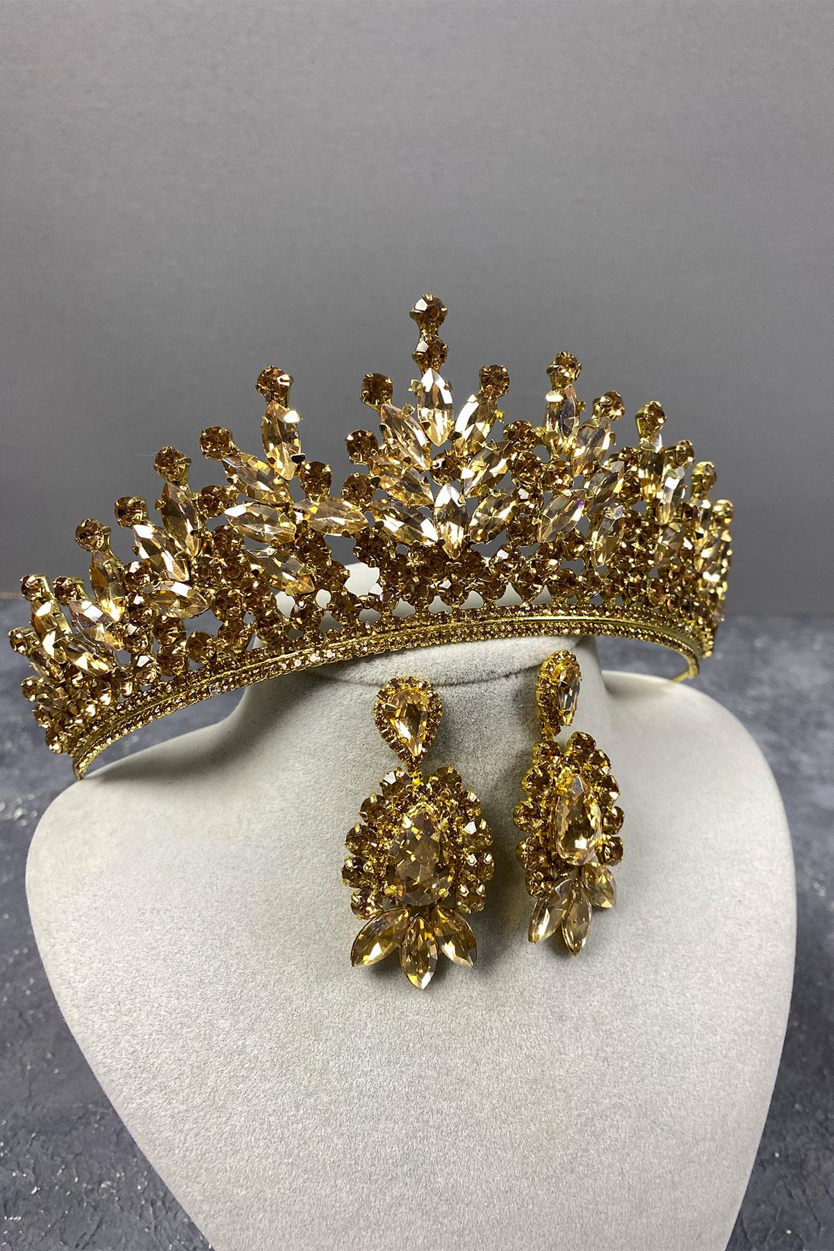 Bal Rengi Rio Taşlı Gelin Kına Tacı Ve Mekik Desenli Küpe