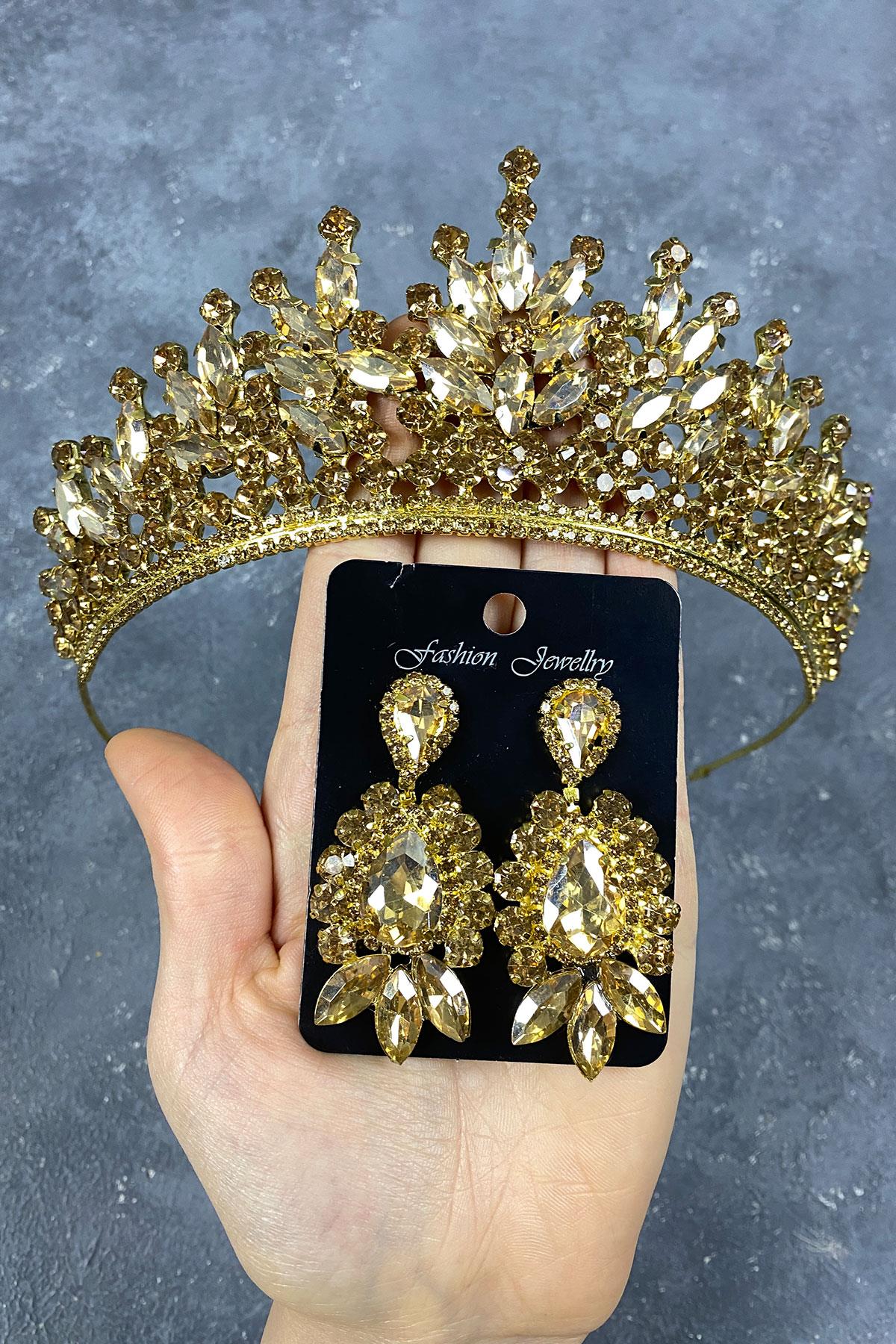 Bal Rengi Rio Taşlı Gelin Kına Tacı Ve Mekik Desenli Küpe