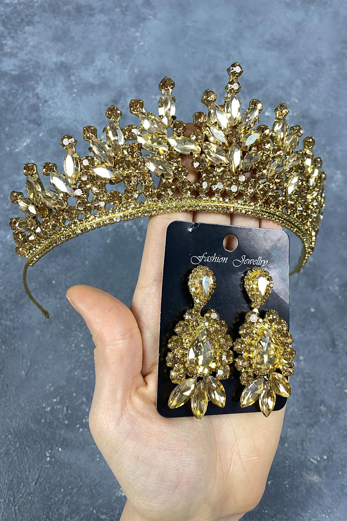 Bal Rengi Rio Taşlı Gelin Kına Tacı Ve Mekik Desenli Küpe