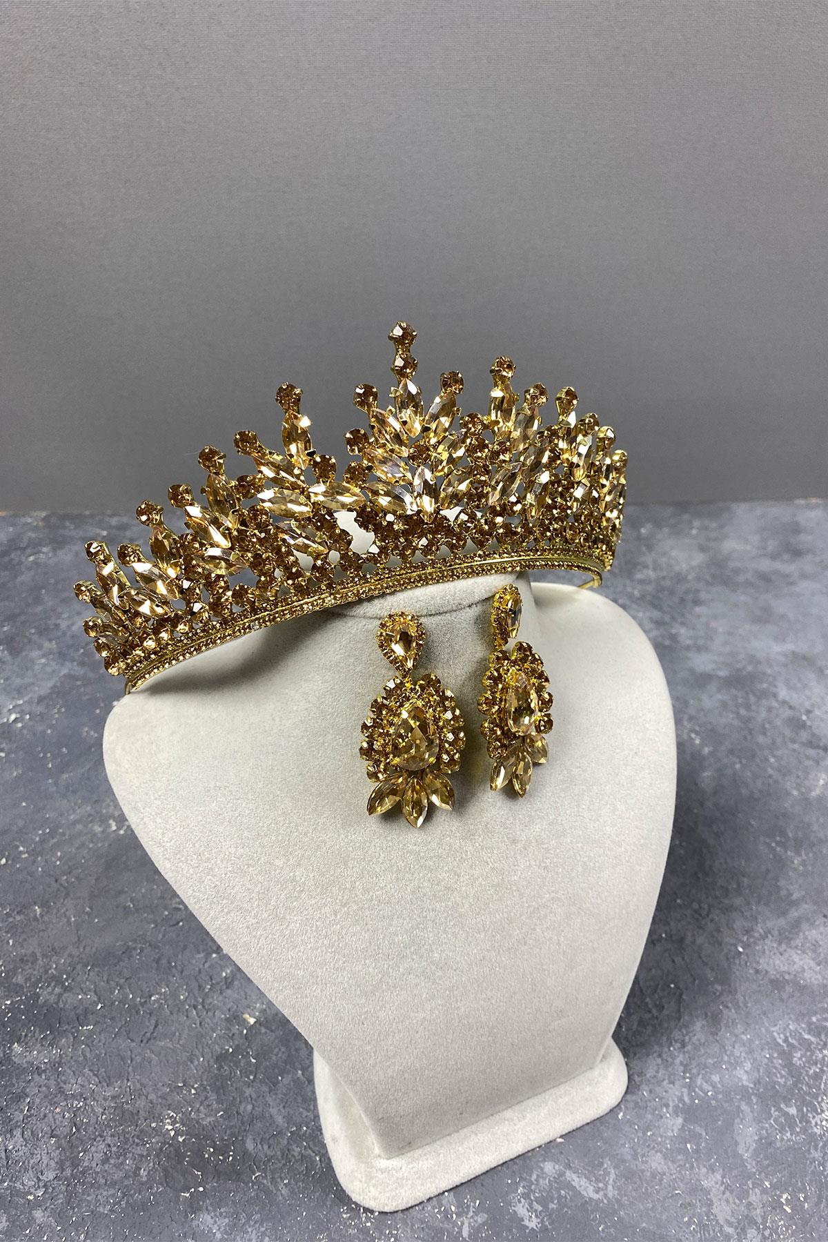 Bal Rengi Rio Taşlı Gelin Kına Tacı Ve Mekik Desenli Küpe