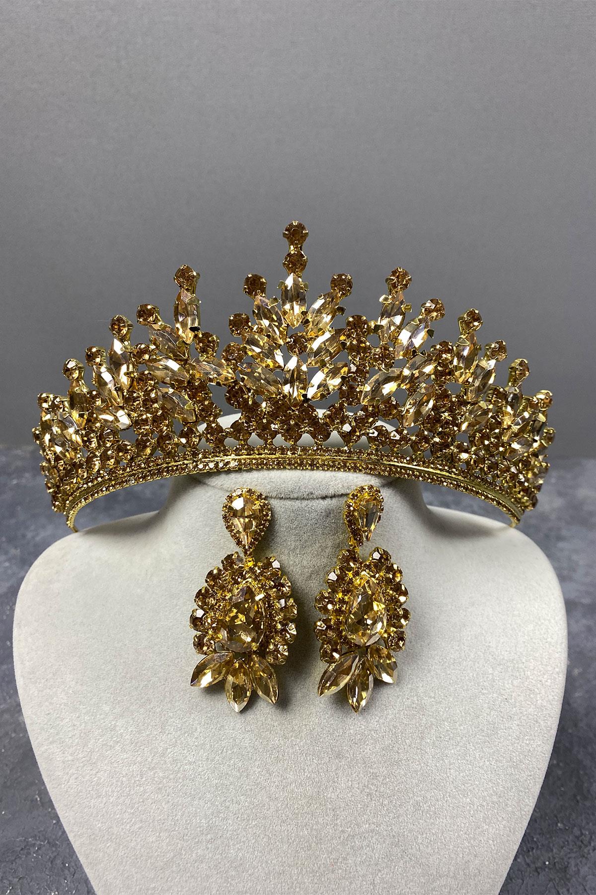 Bal Rengi Rio Taşlı Gelin Kına Tacı Ve Mekik Desenli Küpe