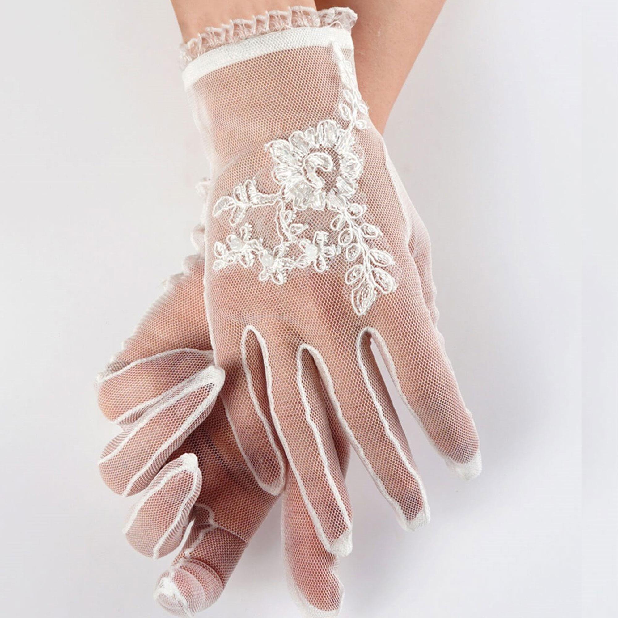 Beyaz Boncuk İşlemeli Gelin Eldiveni