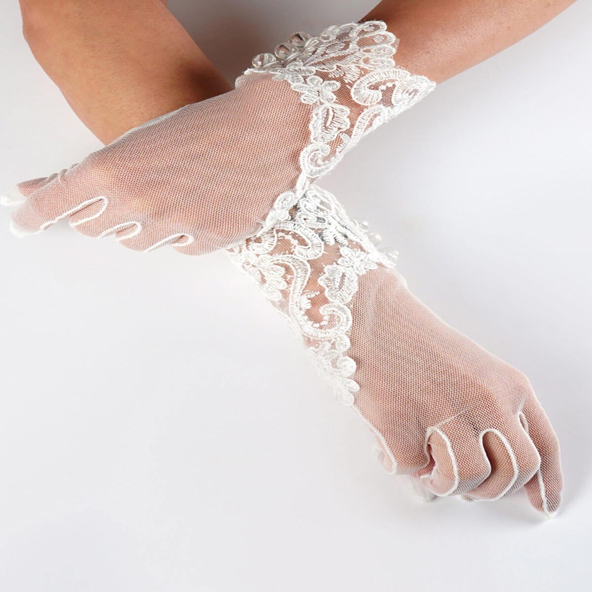 Beyaz Çiçekli Dantel Desenli Gelin Eldiveni