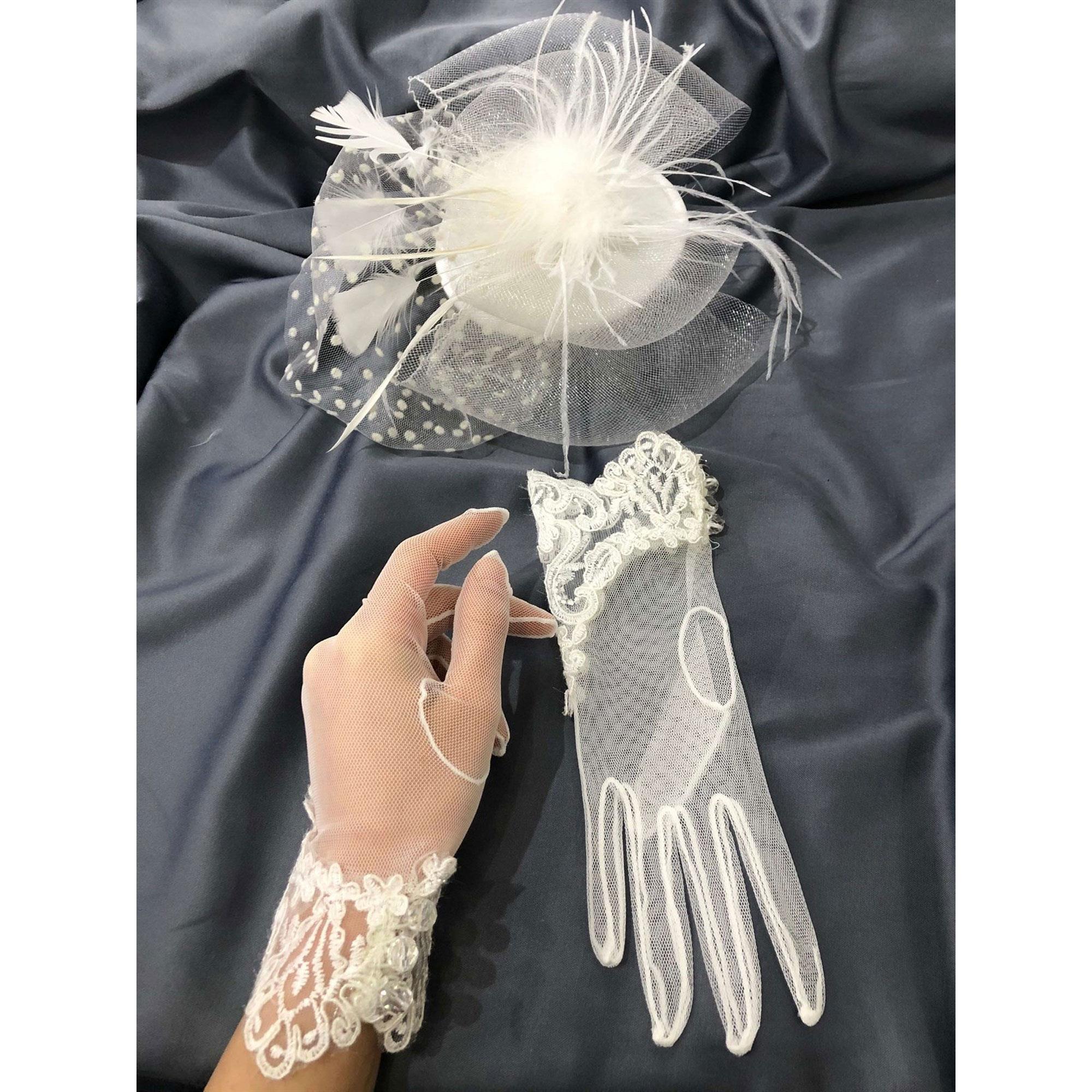 Beyaz Dantelli Eldiven- Puantiyeli Vualet Nikah Şapkası