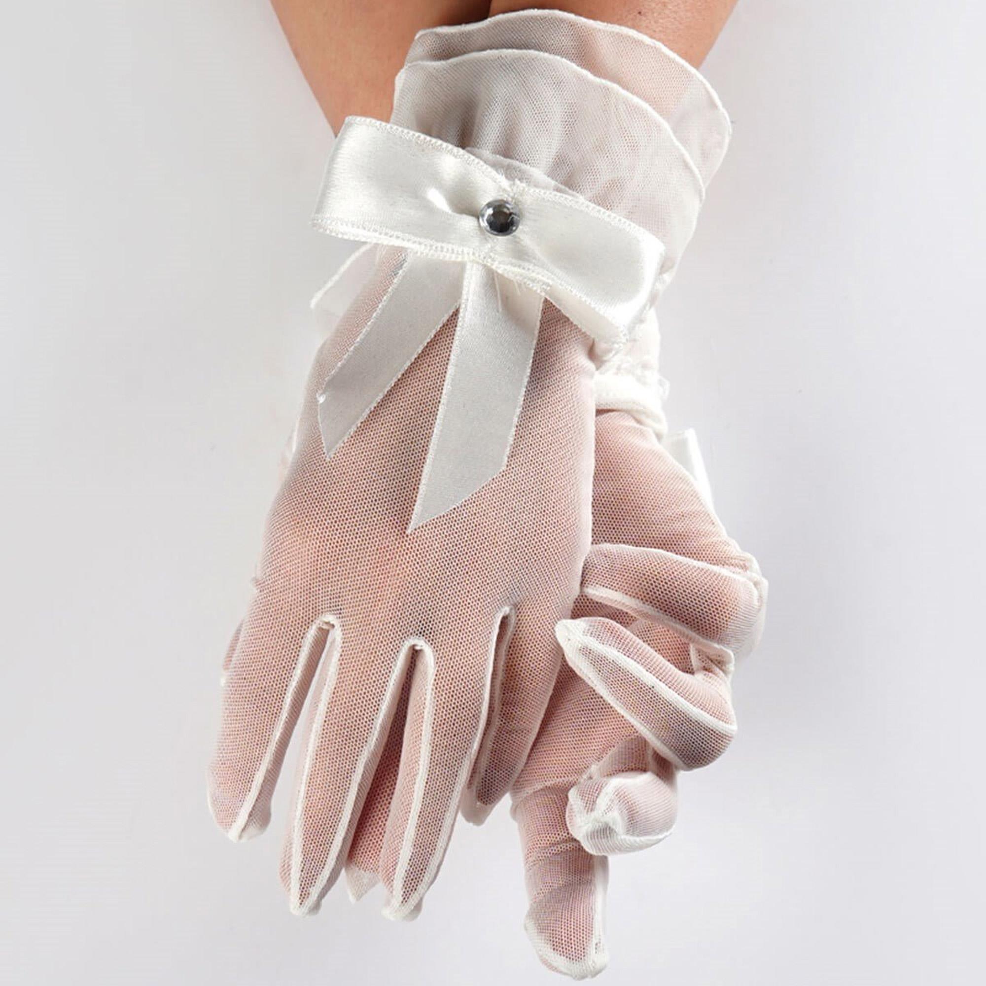 Beyaz Düz Fiyonklu Taşlı Gelin Eldiveni