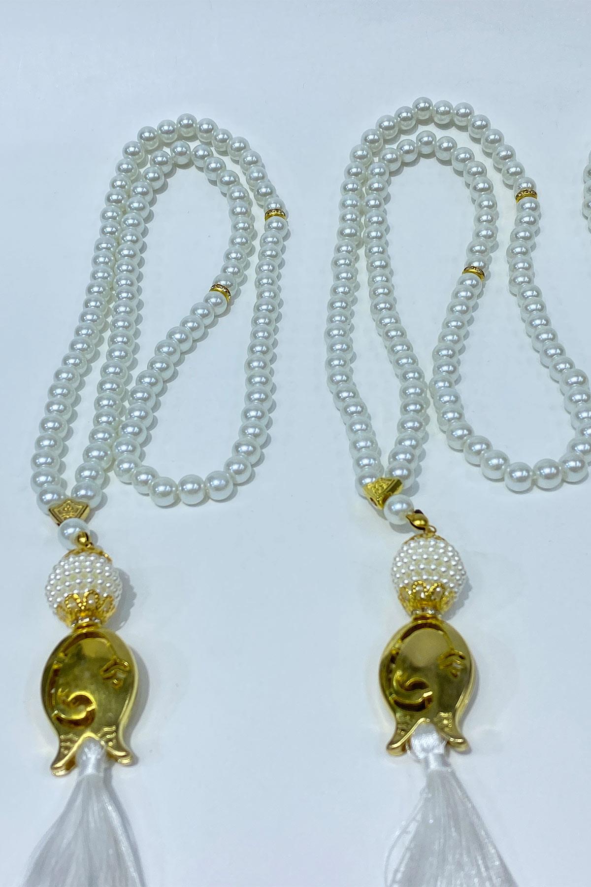 Beyaz Hediyelik Laleli Püsküllü Kristal Boncuklu 99 Lu Namaz Tesbihi ( Mevlüt-sünnet-hac-umre)