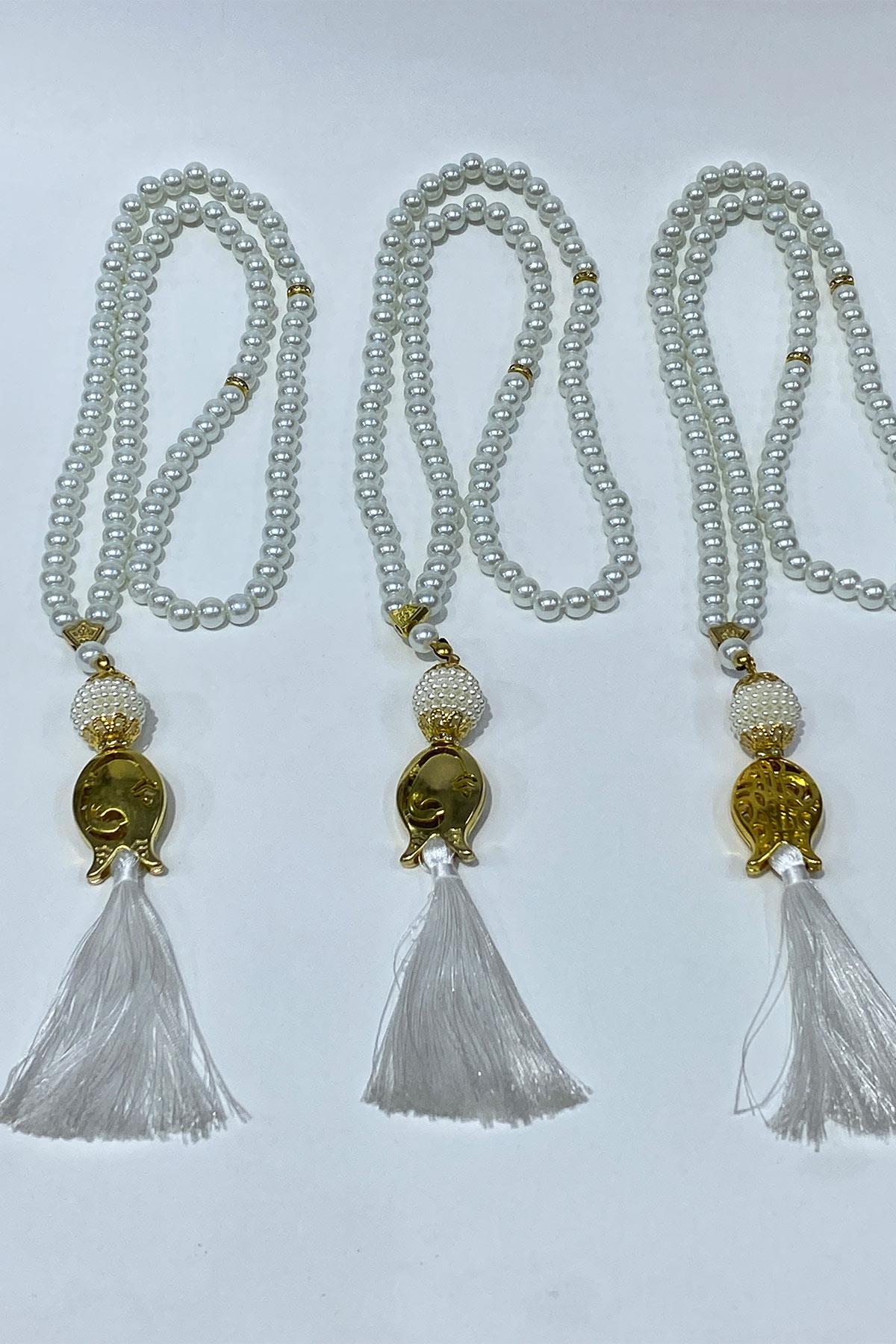 Beyaz Hediyelik Laleli Püsküllü Kristal Boncuklu 99 Lu Namaz Tesbihi ( Mevlüt-sünnet-hac-umre)