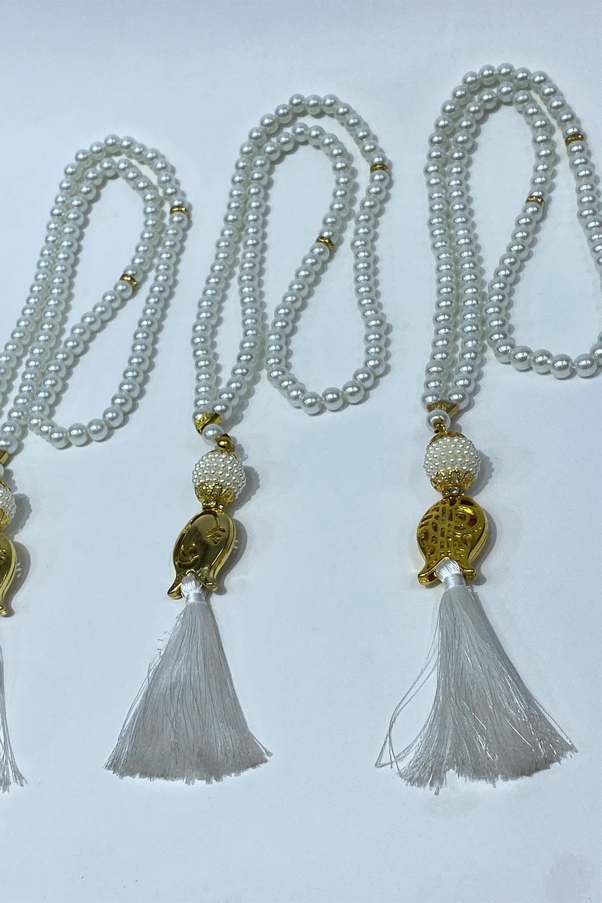 Beyaz Hediyelik Laleli Püsküllü Kristal Boncuklu 99 Lu Namaz Tesbihi ( Mevlüt-sünnet-hac-umre)