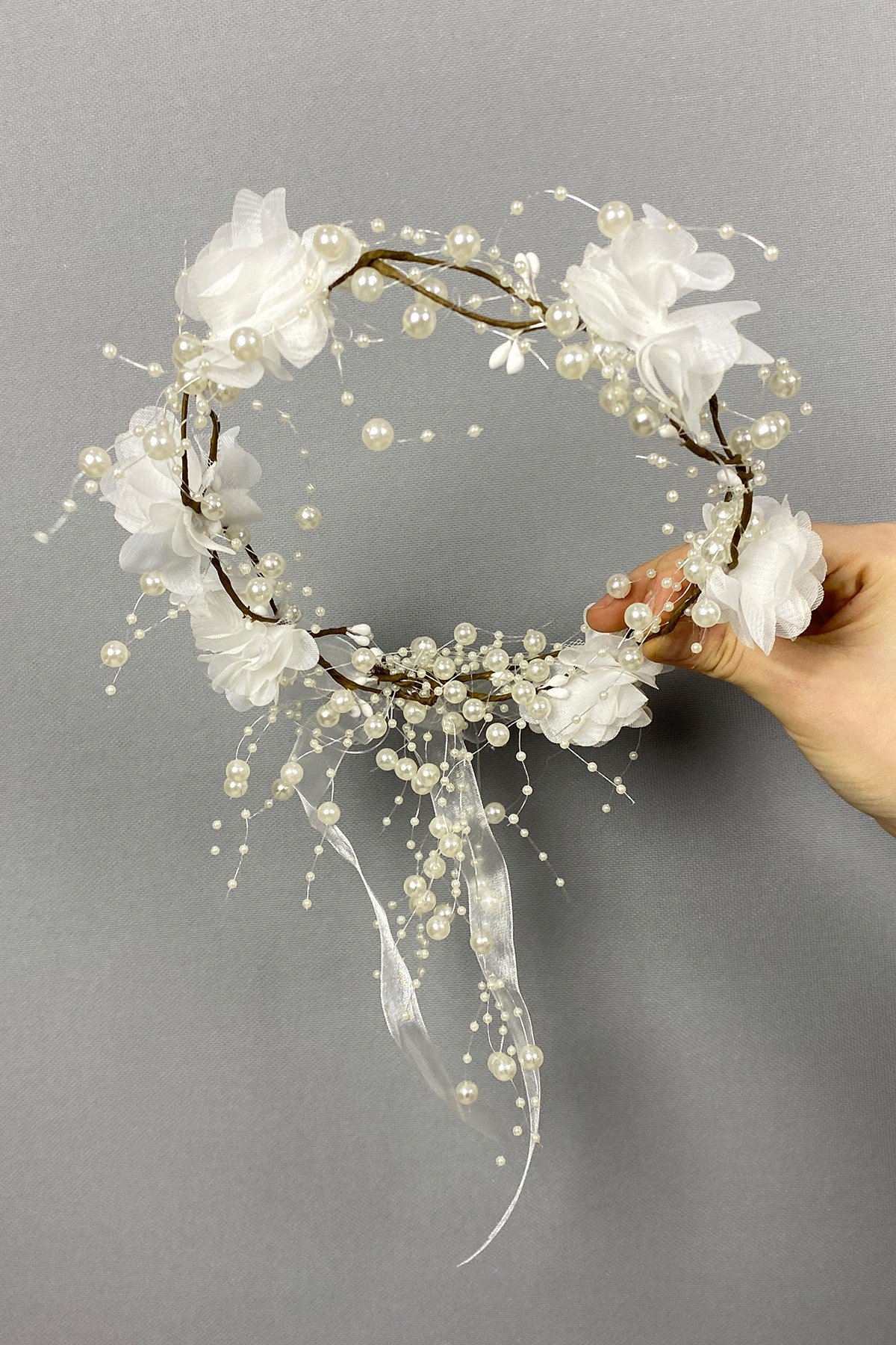 Beyaz Lazer Çiçekli Özel Tasarım Nedime Tacı 