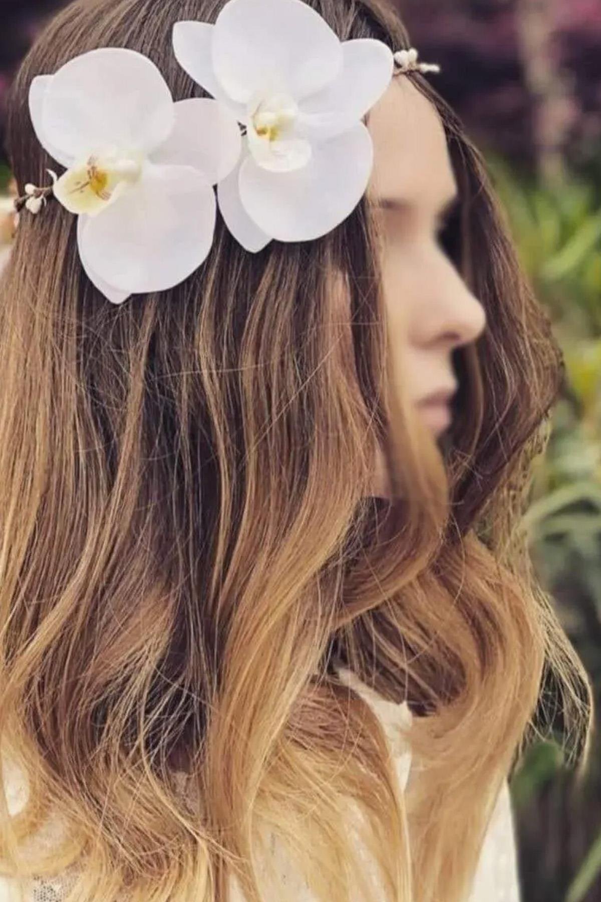 Beyaz Orkide Çiçekli Gelin Tacı