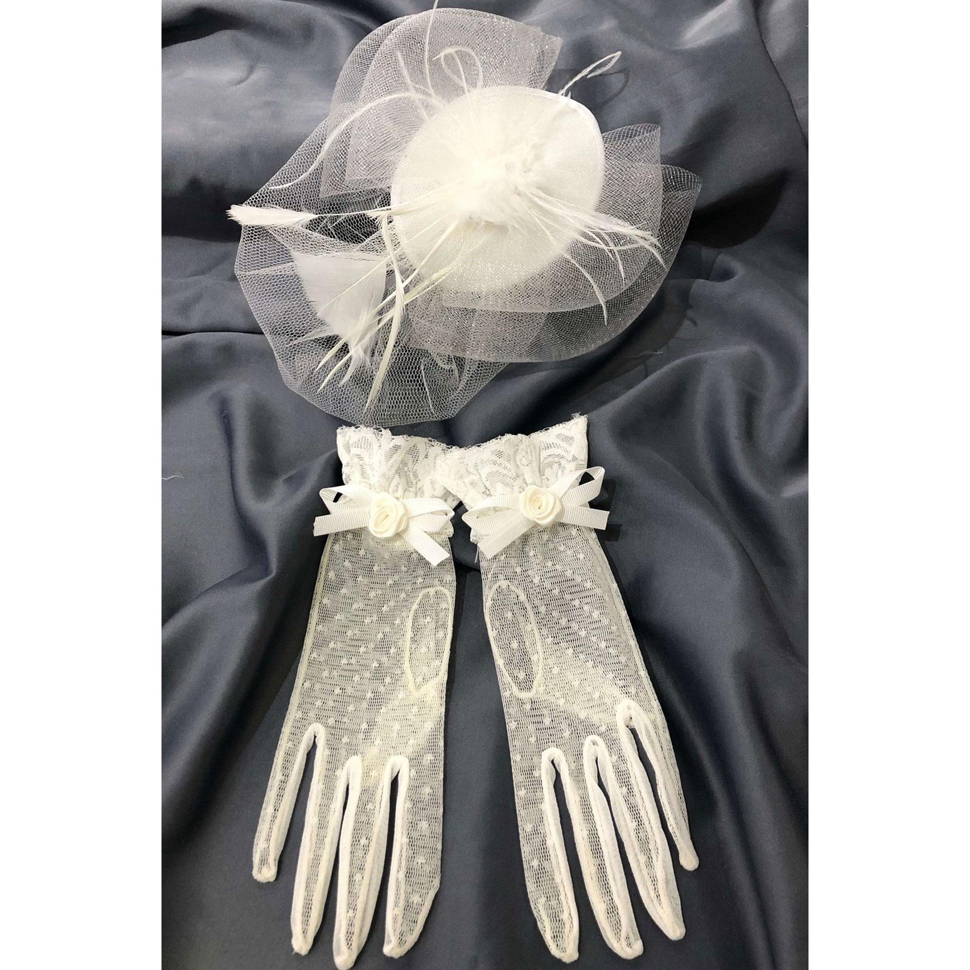 Beyaz Puantiyeli Eldiven- Sade Vualet Nikah Şapkası