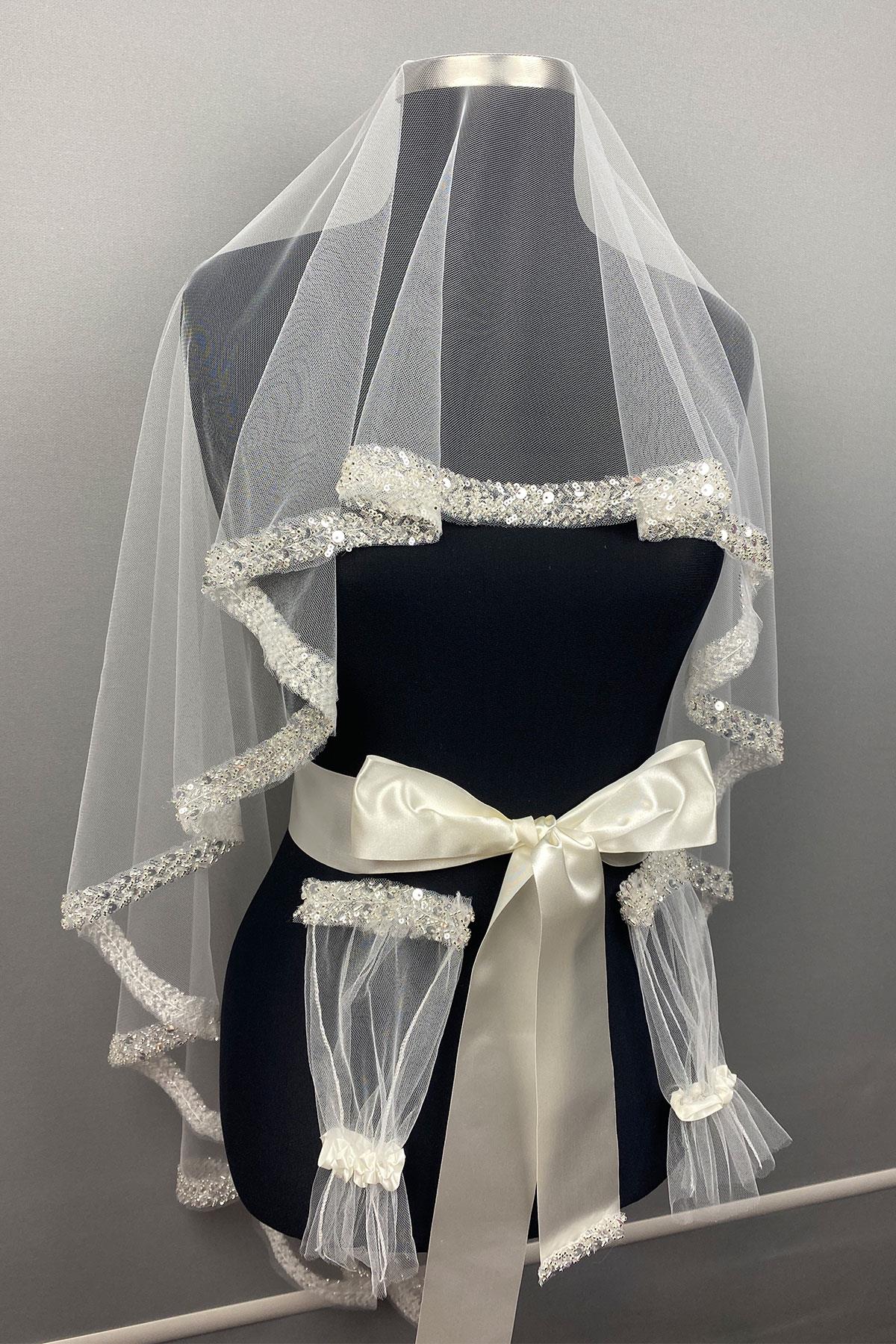 Beyaz Su Model İşlemeli Gelin Kına Duvağı Yüz Örtüsü