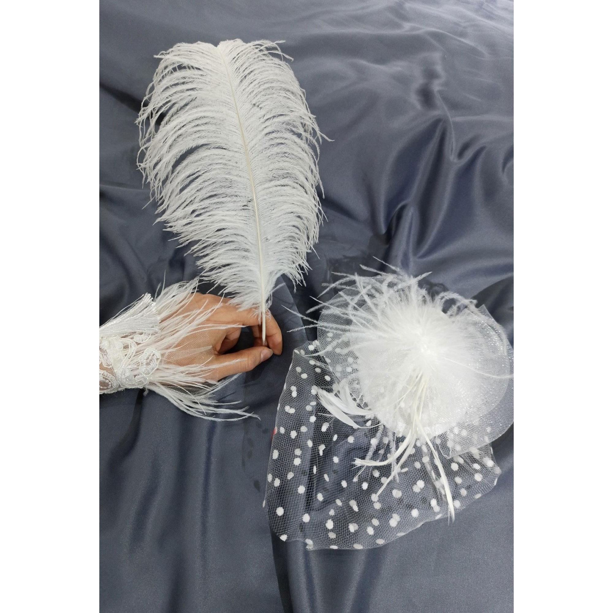 Beyaz Tüylü Bileklik Kalem ve Nikah Şapkası Takım