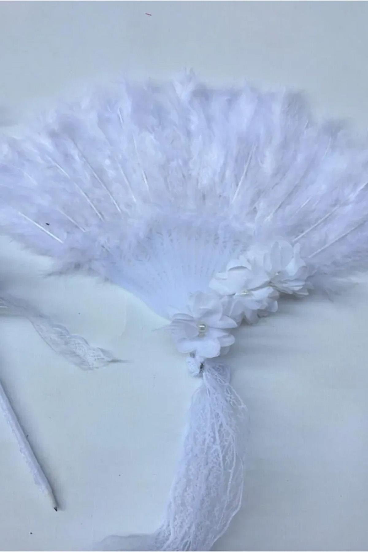 Beyaz Tüylü Gelin Yelpazesi Ve Süslenmiş Kalem Gelin Yelpazesi Nikah Kalemi