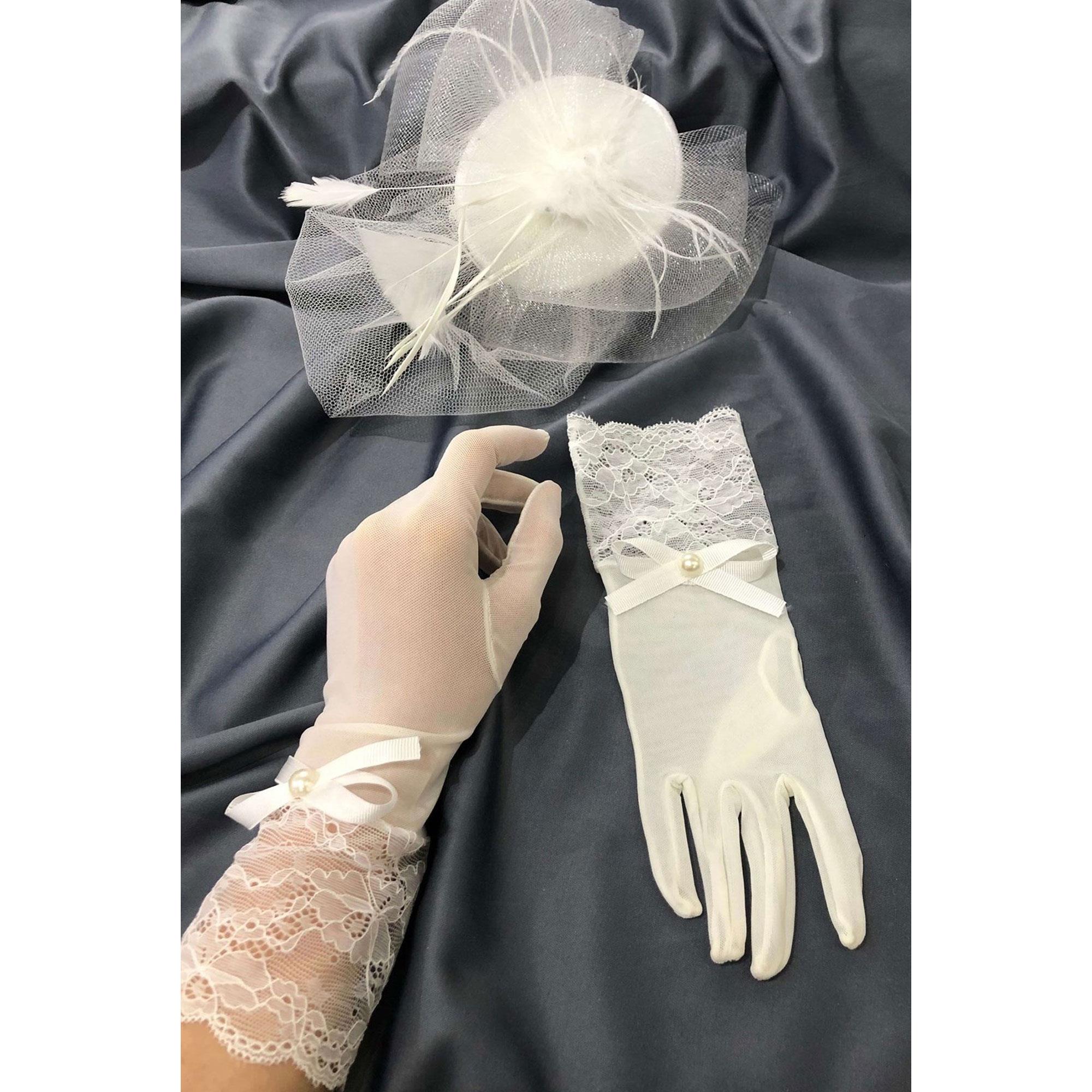 Beyaz Uzun Dantelli Eldiven-Vualet Nikah Şapkası