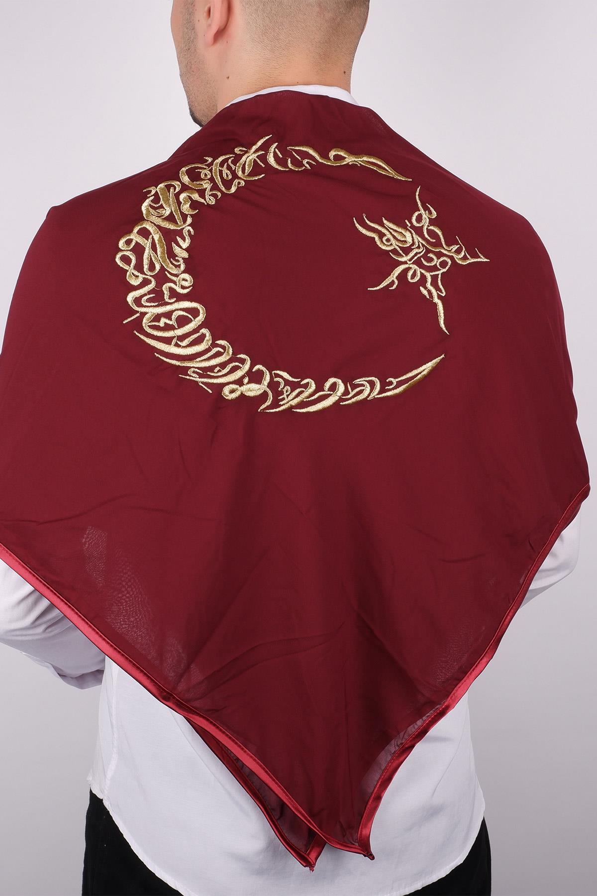 Bordo Ay Yıldız Gold Nakışlı Biyeli Damat Örtüsü